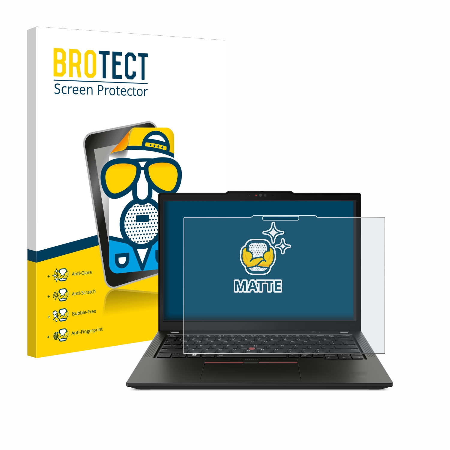 Laptop mit Displayschutzfolie und Box. Auf der Box steht 'BROTECT'.