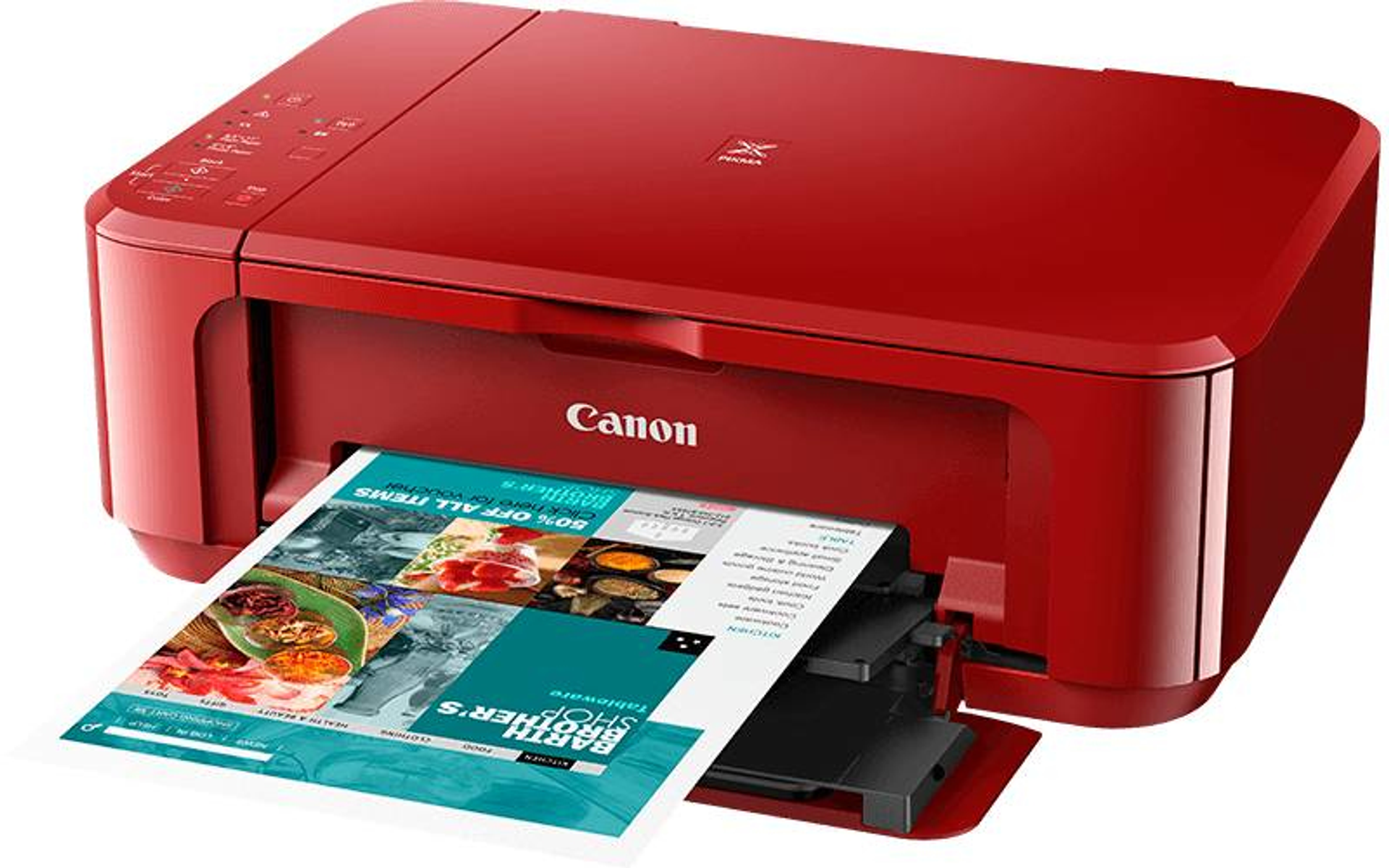 Una impresora Canon roja con una página imprimiendo que muestra artículos y un folleto.