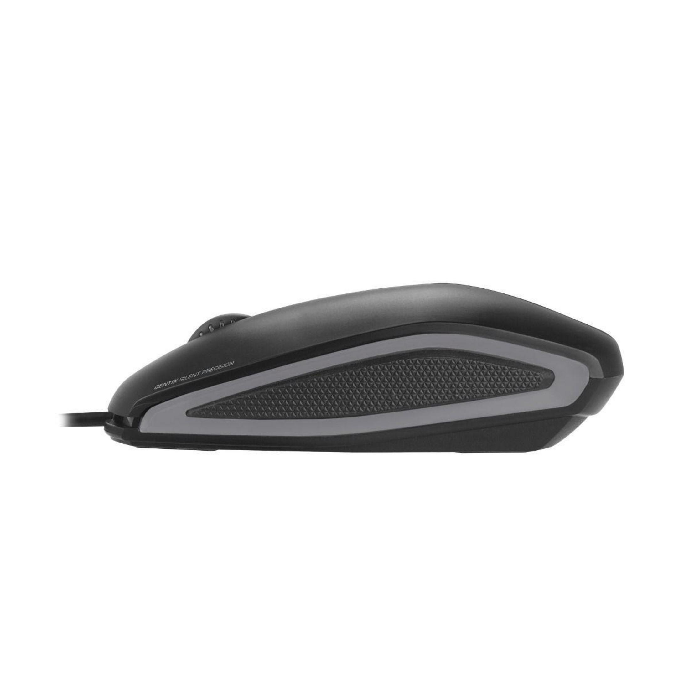 Schwarze Maus mit strukturierter Grifffläche und dem Text „GENTEX SILENT PRECISION“.