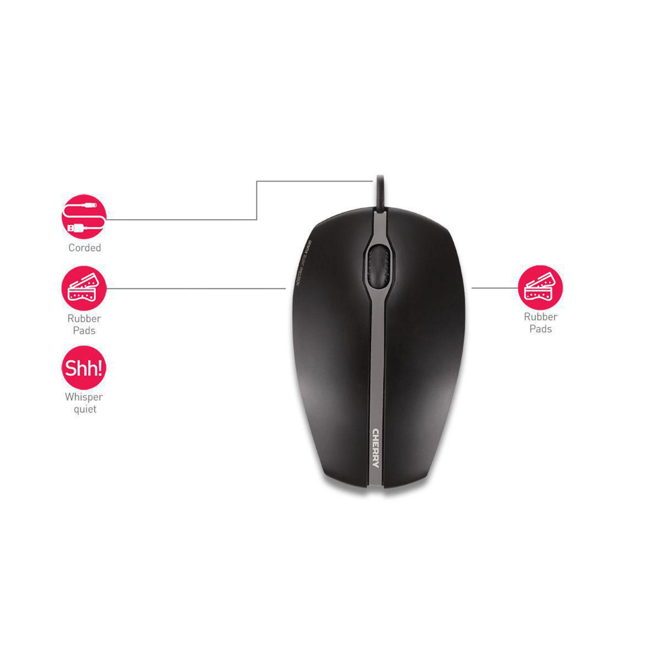 Schwarze Computermaus mit Kabel und Symbolen, die Funktionen wie