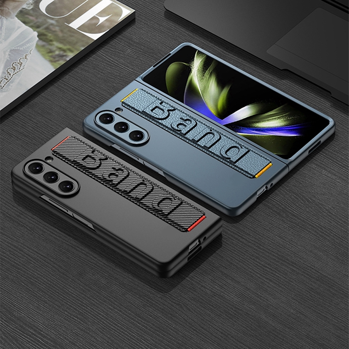 Armbandhalterung, Samsung, 5G, Premium Schwarz Design Backcover, Z Galaxy Fold5 Stoßfeste mit WIGENTO Hülle
