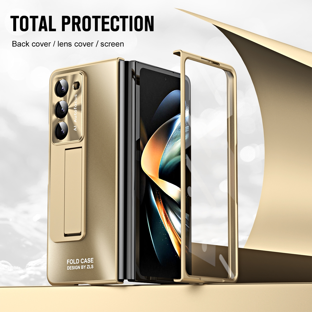 Samsung, Hülle Backcover, Gold Design Fold5 Premium WIGENTO mit 5G, Galaxy Z Standhalterung,