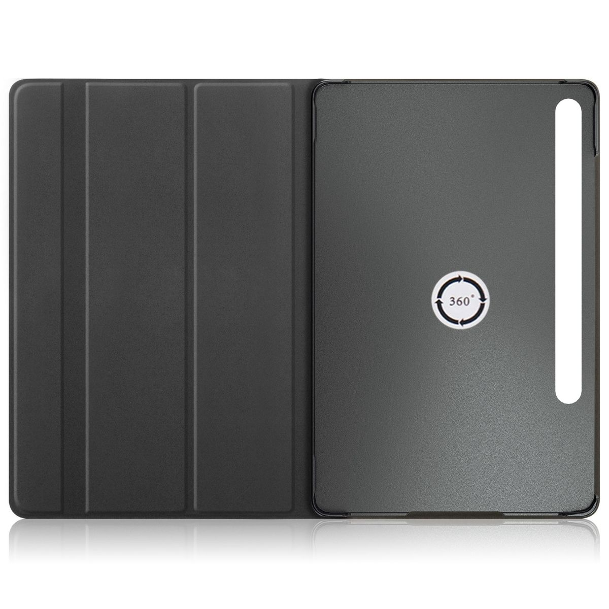Schwarze Tablet-Hülle, offen, mit 360-Grad-Aufkleber. Weißer Hintergrund.