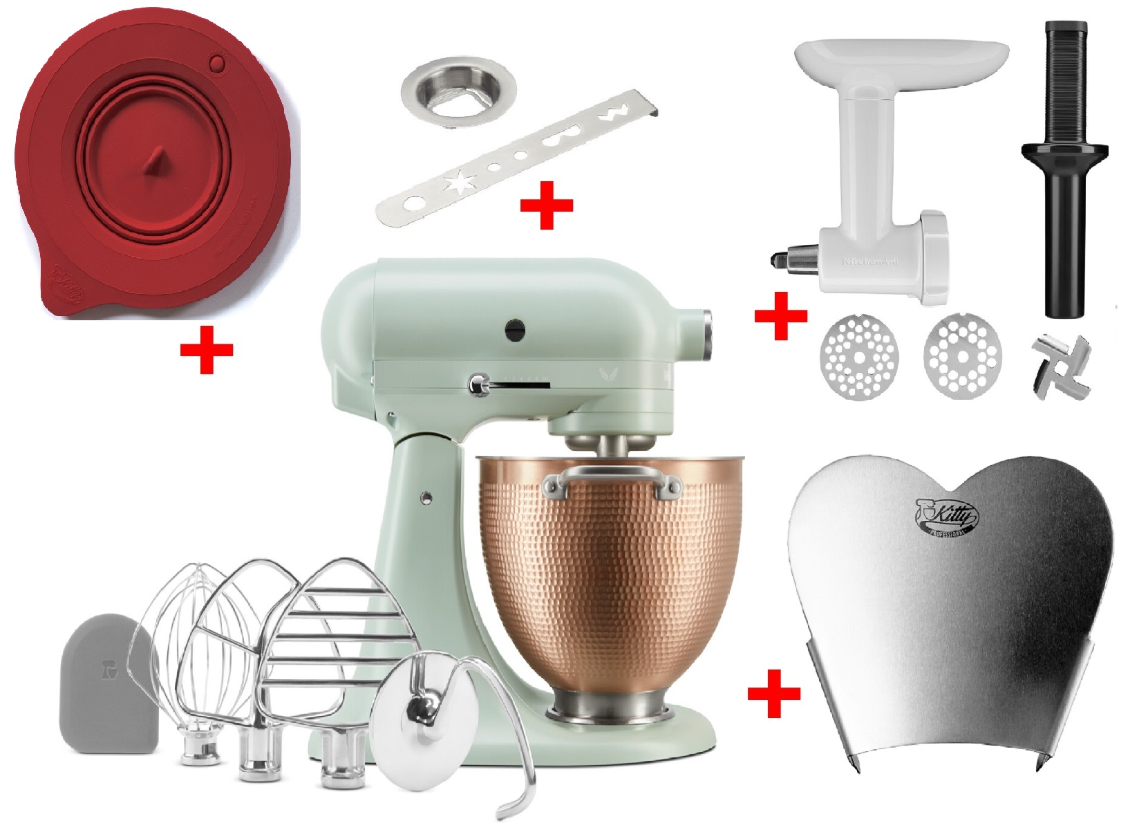 KitchenAid-Mixer mit verschiedenen Aufsätzen, darunter Schüsseln, Schneebesen und ein Mahlwerk.