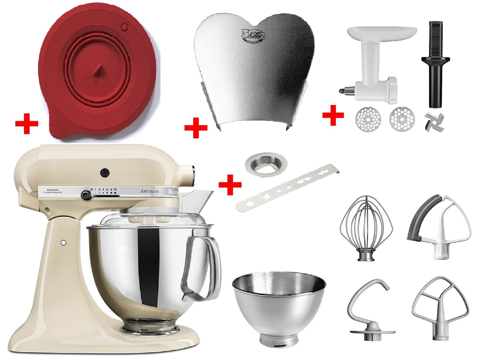 Ein Küchenmixer mit verschiedenen Aufsätzen. Beige Mixerbasis und Stahlschüssel.