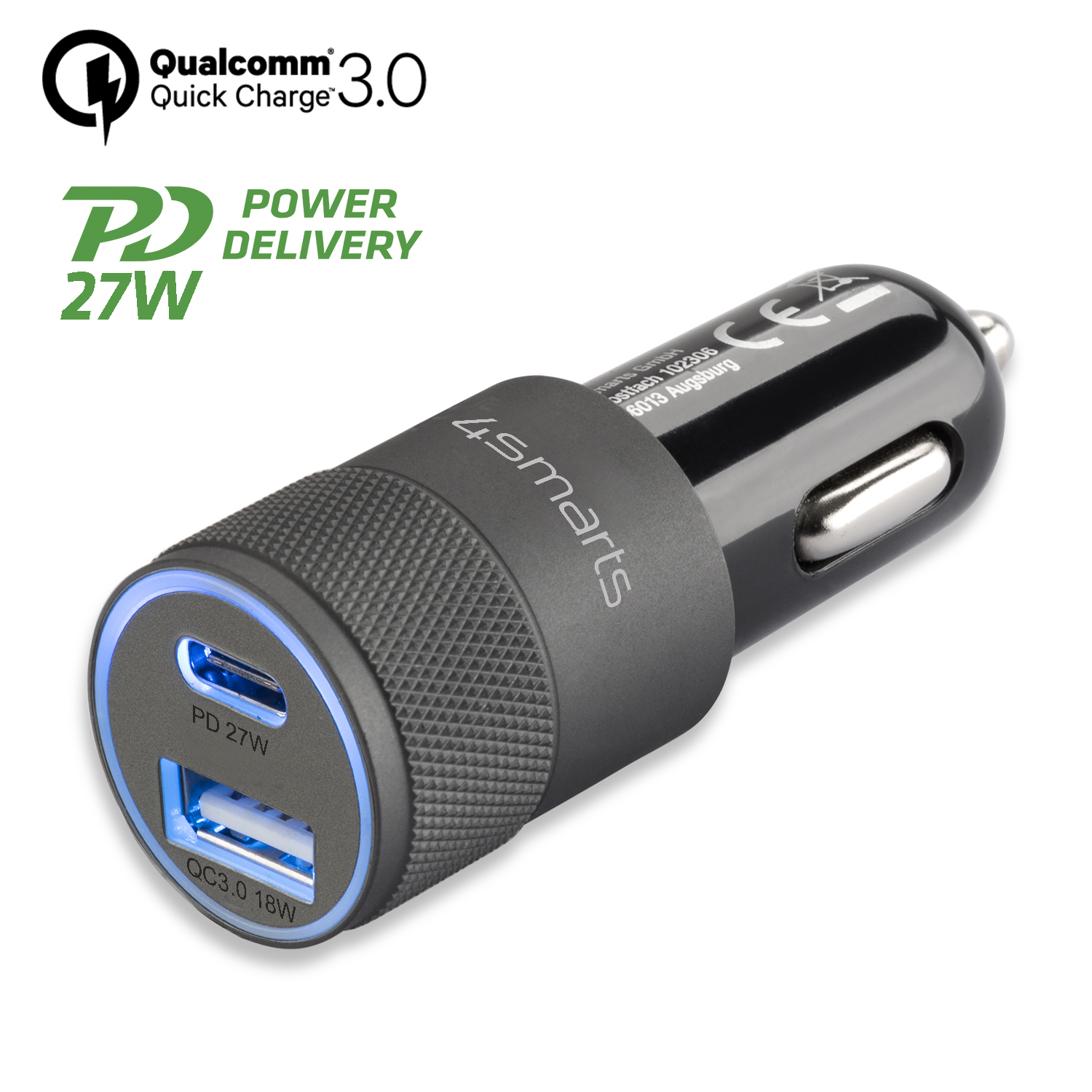 Ein schwarzes 4smarts-Autoladegerät mit zwei USB-Anschlüssen und blauen Lichtdetails.