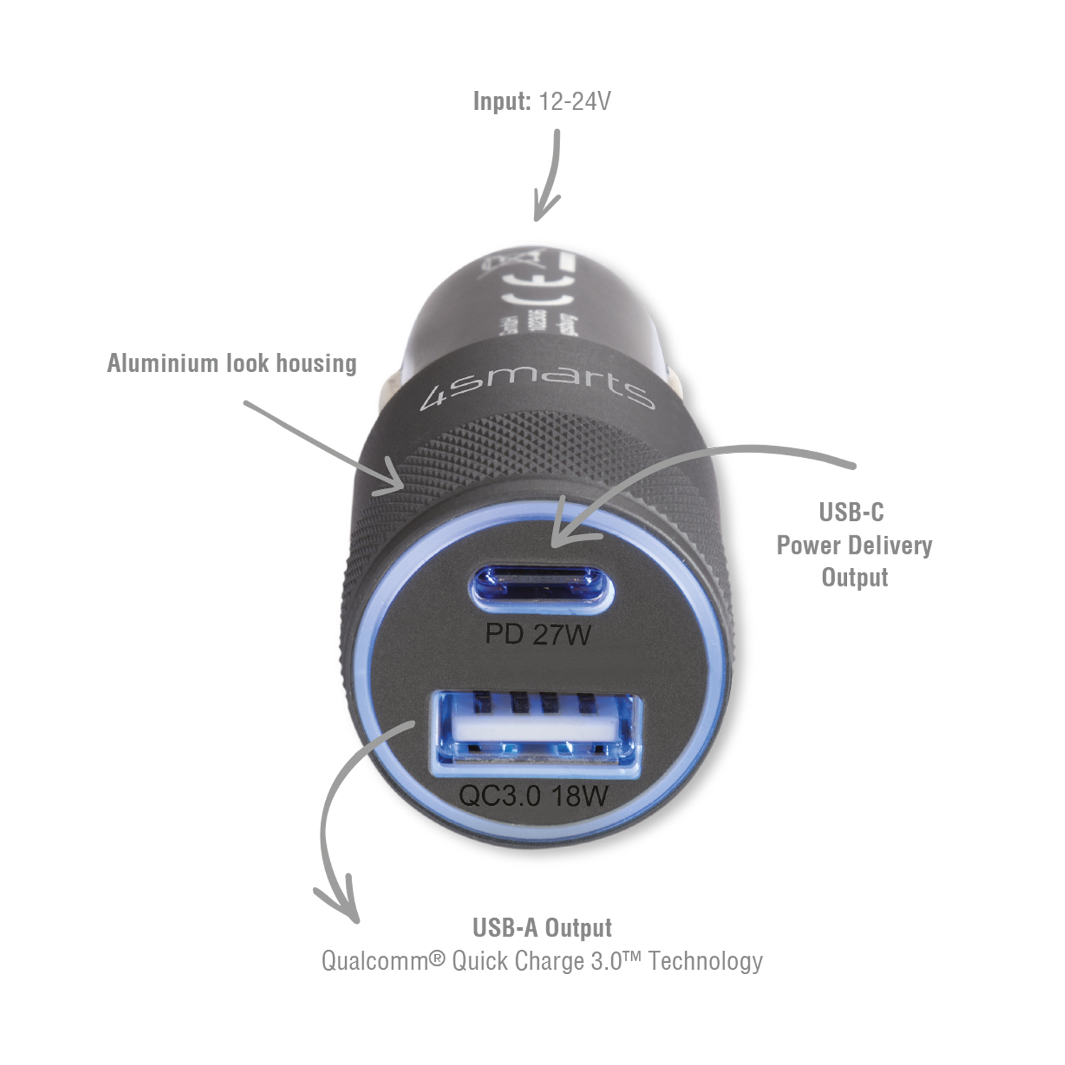 Auto-Ladegerät mit USB-C- und USB-A-Anschlüssen. Aluminiumgehäuse. Beschriftungen zeigen Eingangs- und Ausgangsspezifikationen.