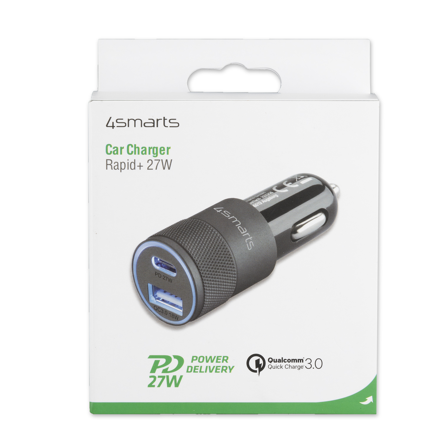 Kfz-Ladegerät in einer Box mit zwei USB-Anschlüssen und dem Text: 4smarts Car Charger Rapid + 27W.