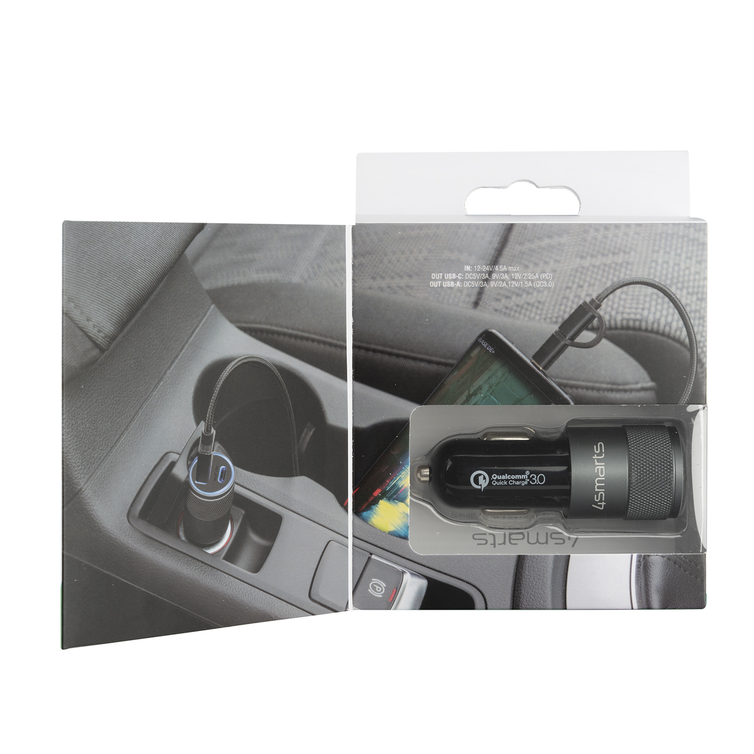 Autoladegerät in einer Box mit Kabel und ladendem Telefon. Der Hintergrund ist weiß.
