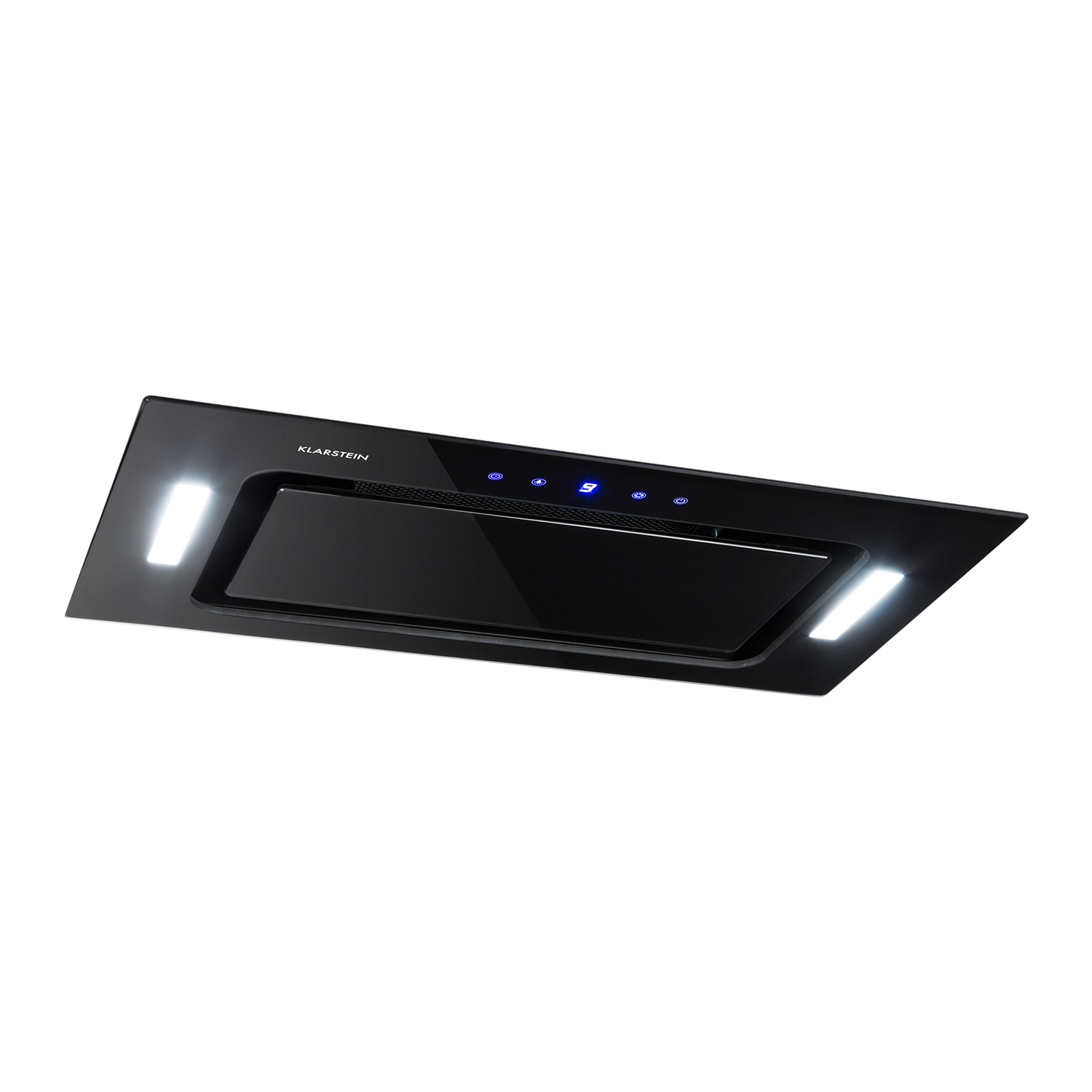 Cappa nera con luci. Ha un display digitale e si trova su sfondo bianco.