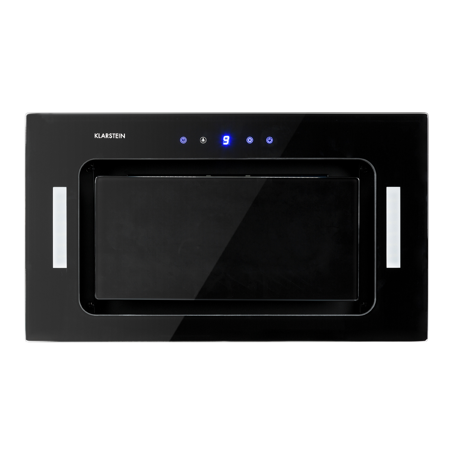 Cappa nera con display digitale blu, luci bianche verticali.