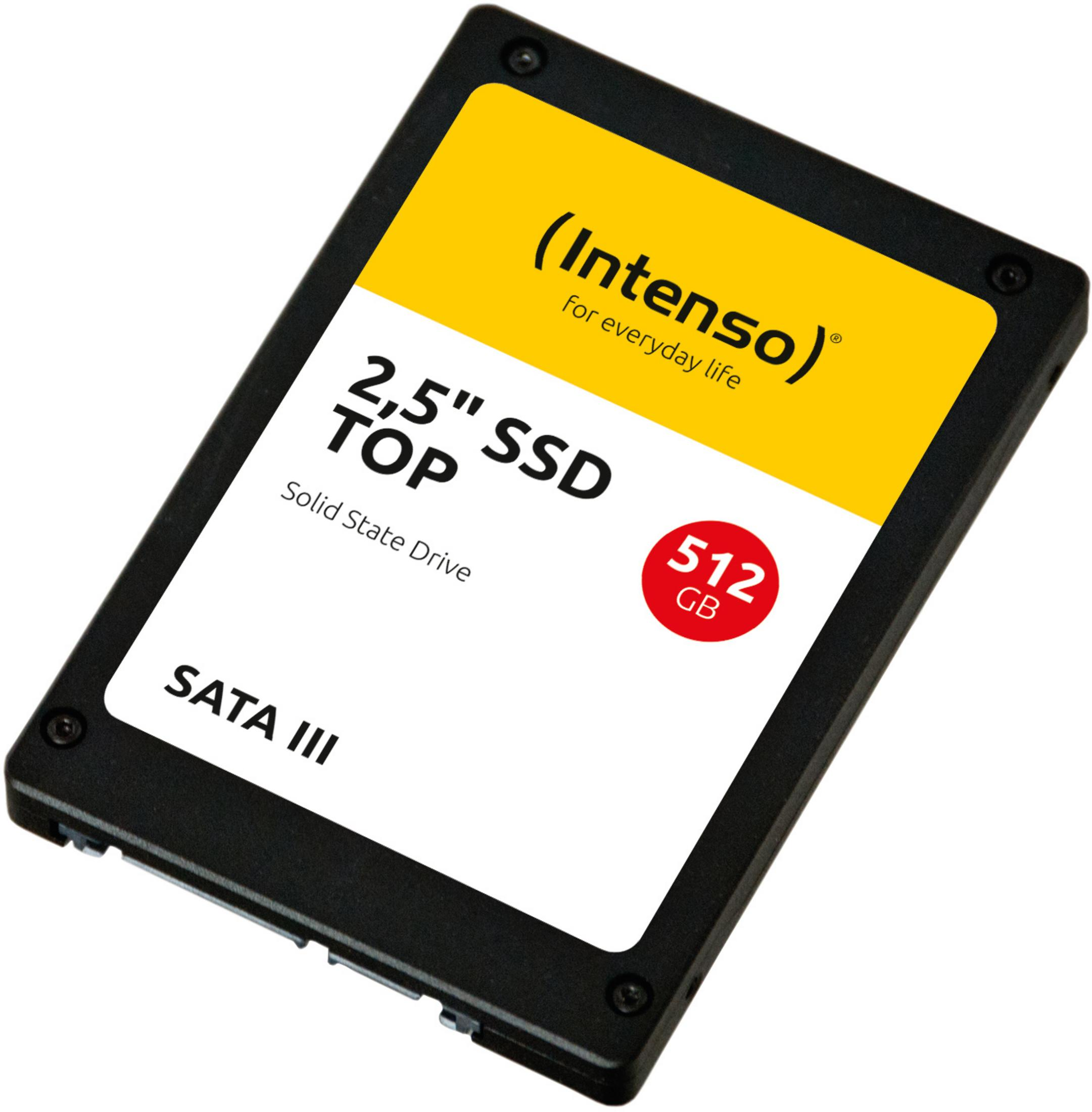 Czarny dysk SSD z żółtą etykietą. Widnieje napis 'Intenso', '2.5" SSD TOP' i '512 GB'.