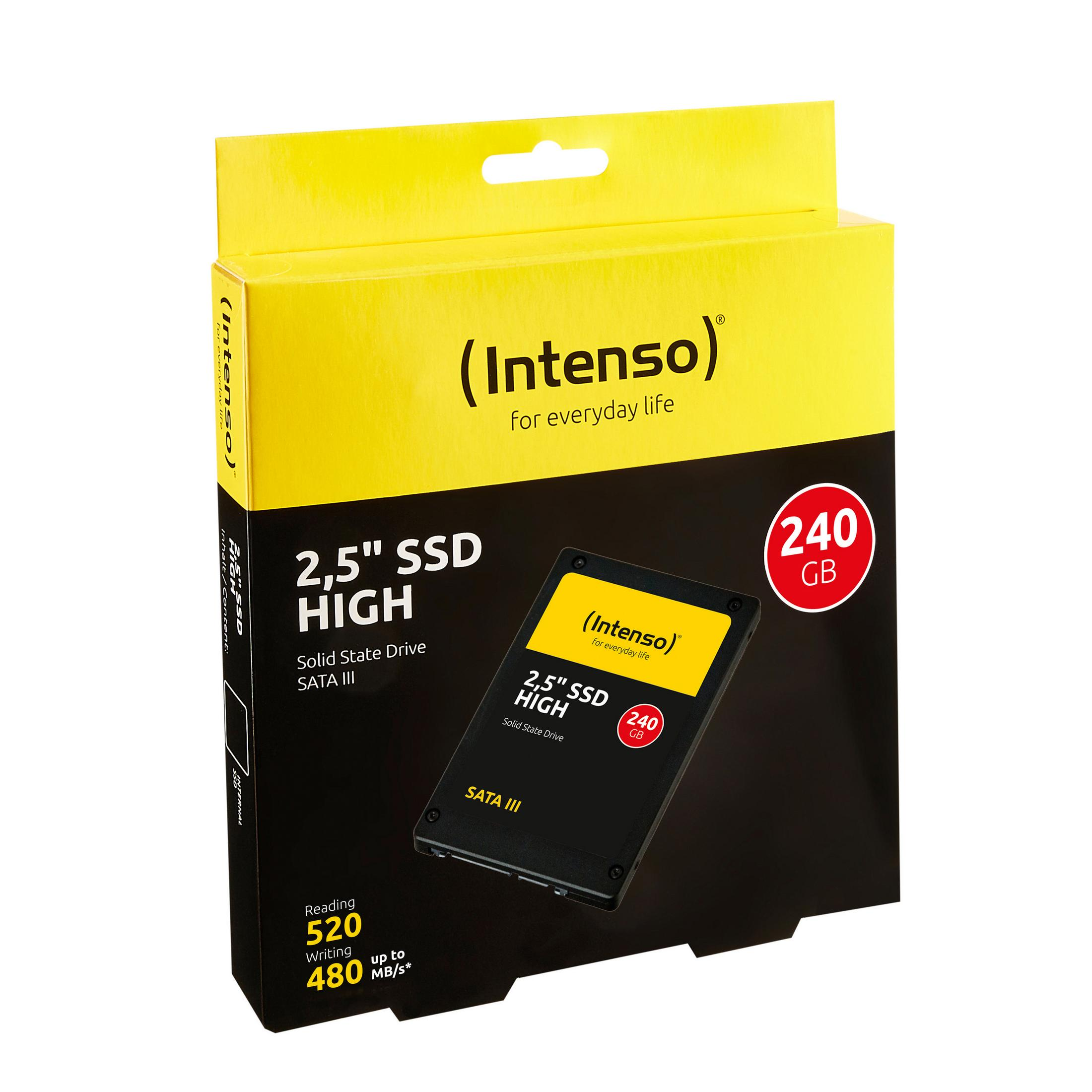 Żółto-czarne pudełko SSD. Pokazuje SSD i markę Intenso. Widoczna pojemność 240 GB.
