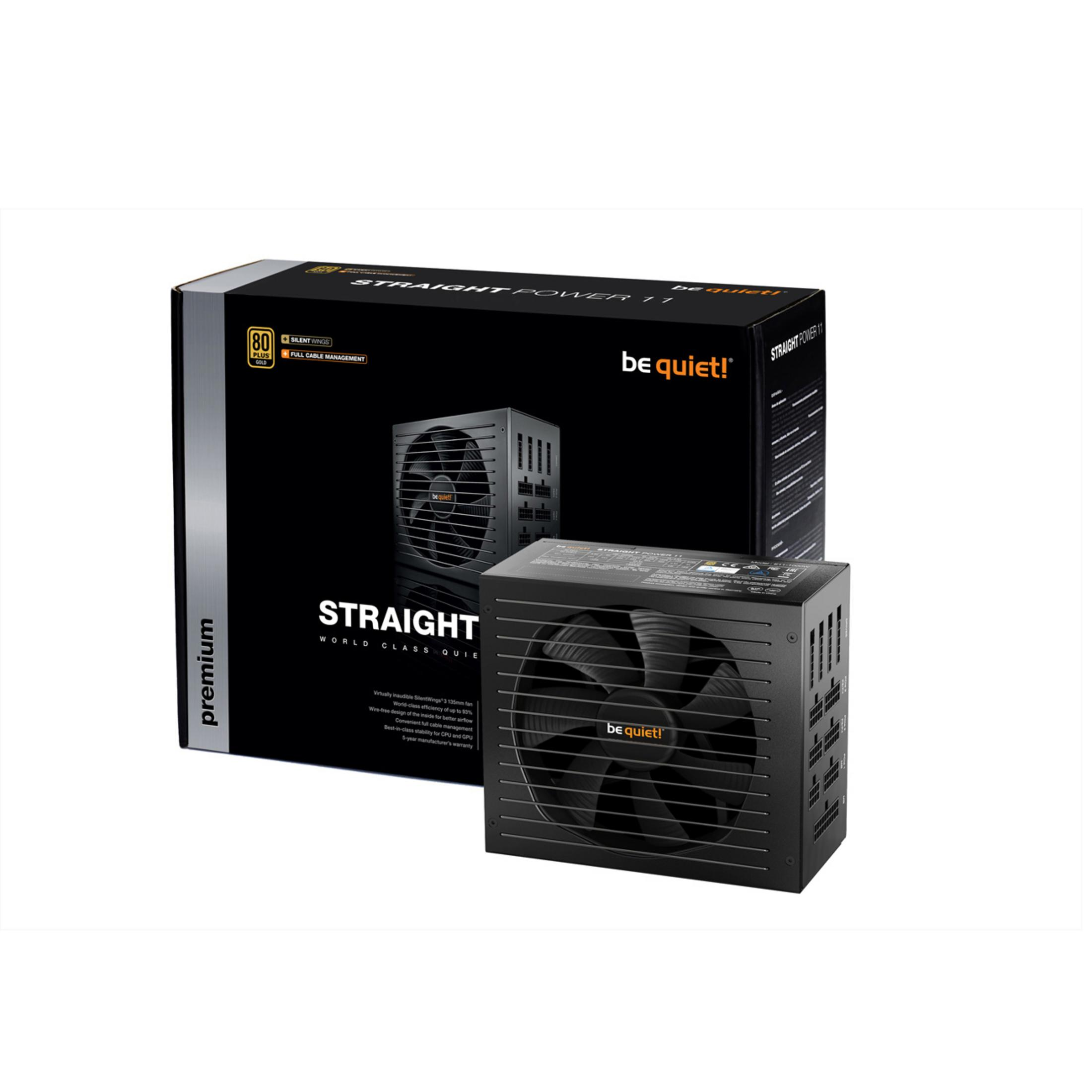 Czarny zasilacz z marką "be quiet!". Pudełko stoi na białej powierzchni.