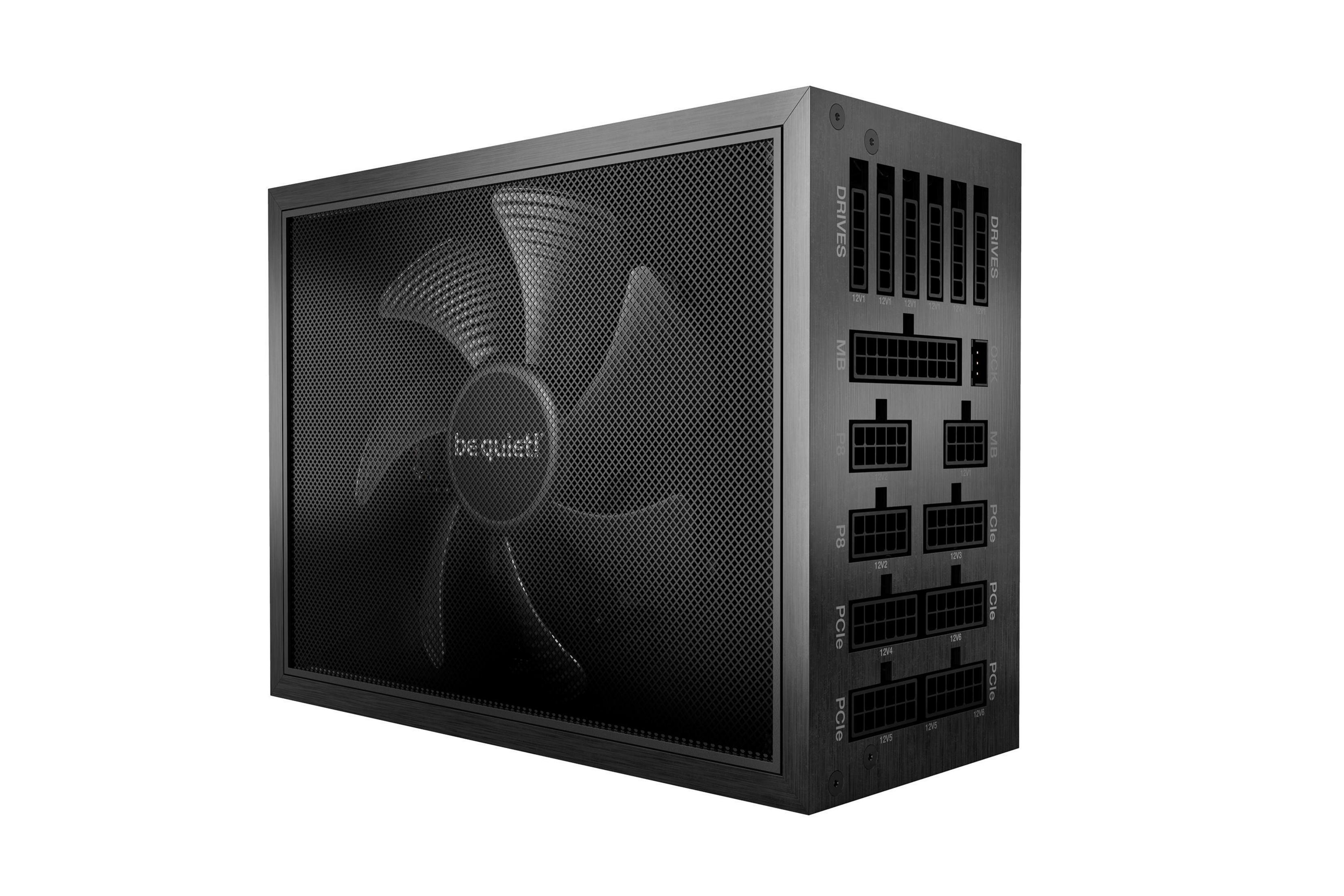 Alimentatore per computer nero con ventola e porte multiple.