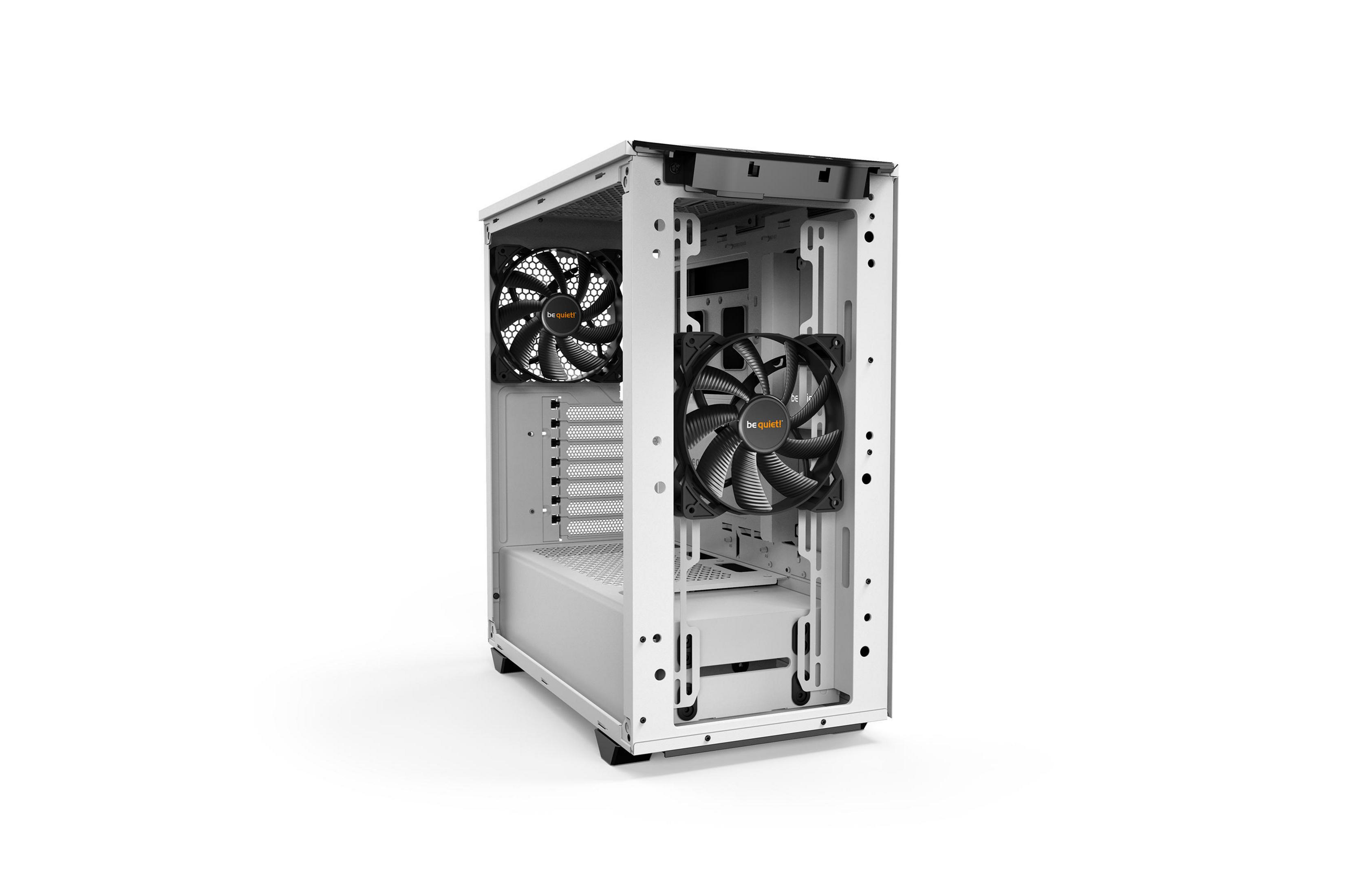 Weißes PC-Gehäuse mit zwei Lüftern, einer schwarz, und sichtbaren Innenteilen.