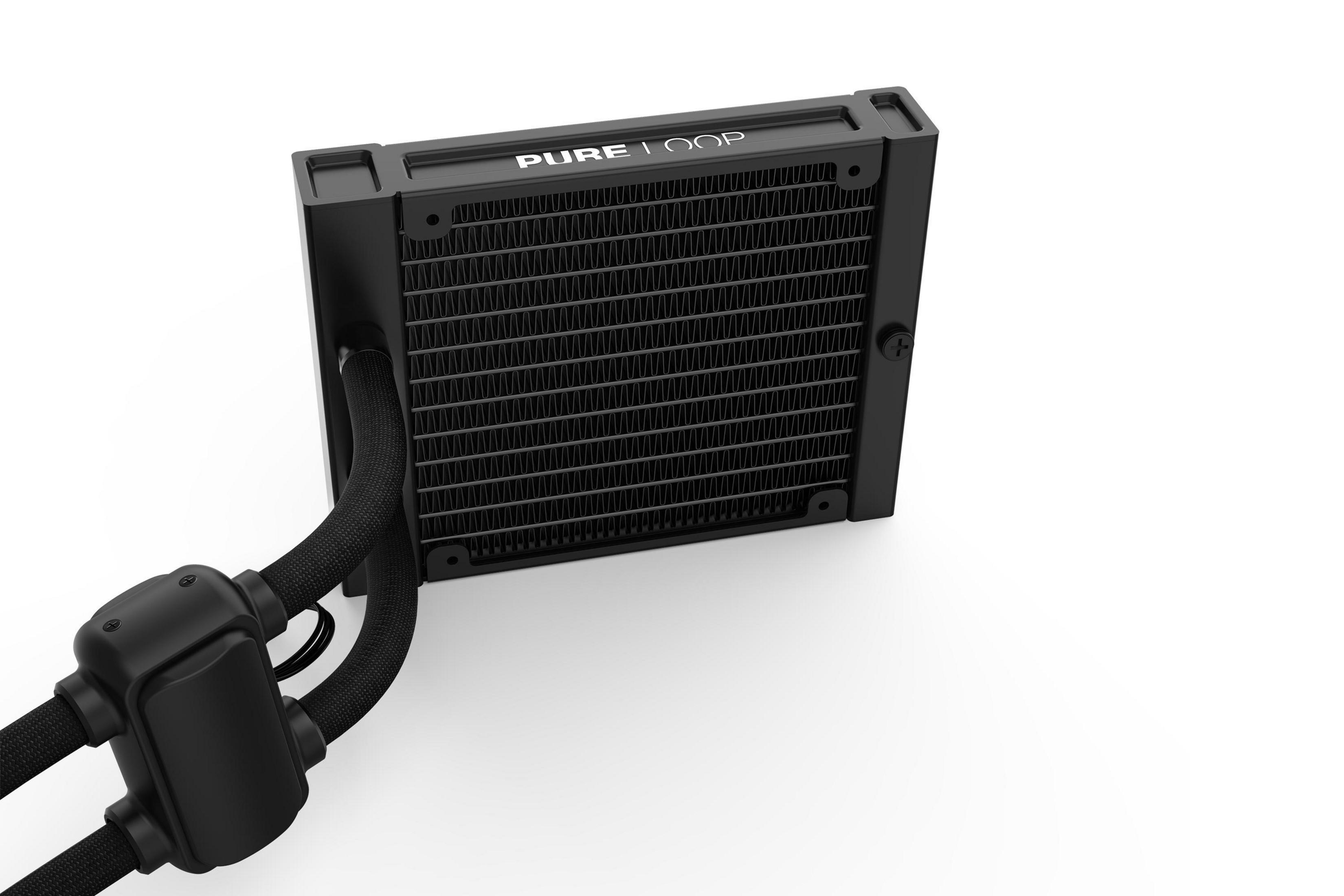 Czarny system chłodzenia komputera z dwoma rurkami i chłodnicą. Nazwa marki to 'PURE LOOP'.