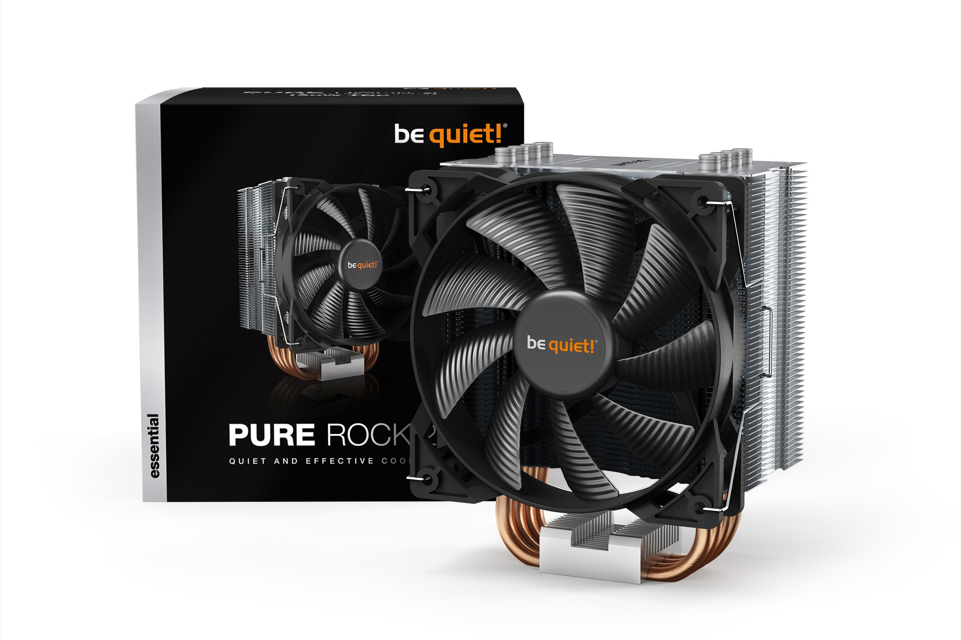 Un dissipatore CPU be quiet! Pure Rock 2 nero con ventola e scatola con lo stesso logo.