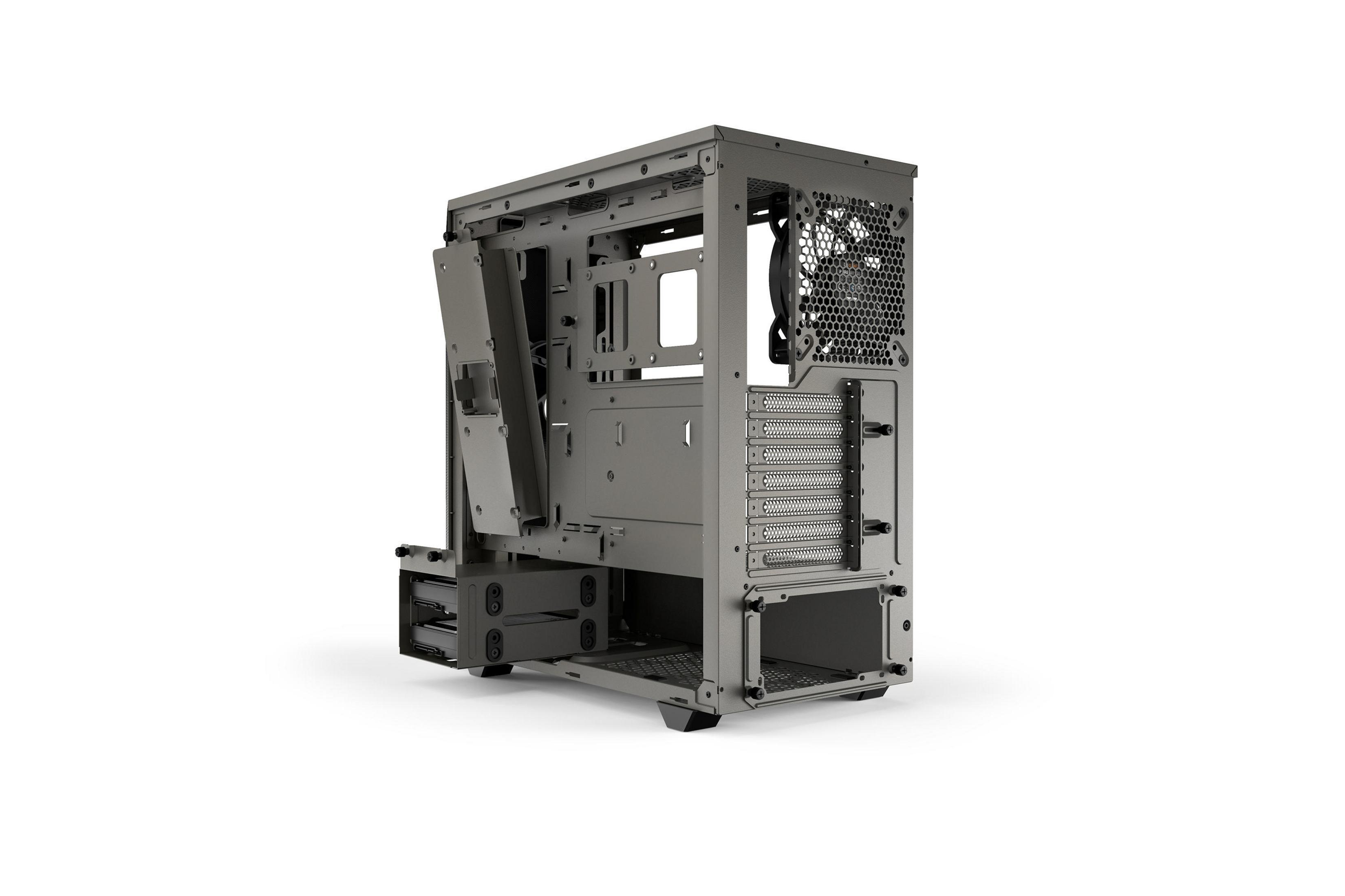 Case per computer PC grigio con pannello laterale aperto, che mostra i componenti interni.