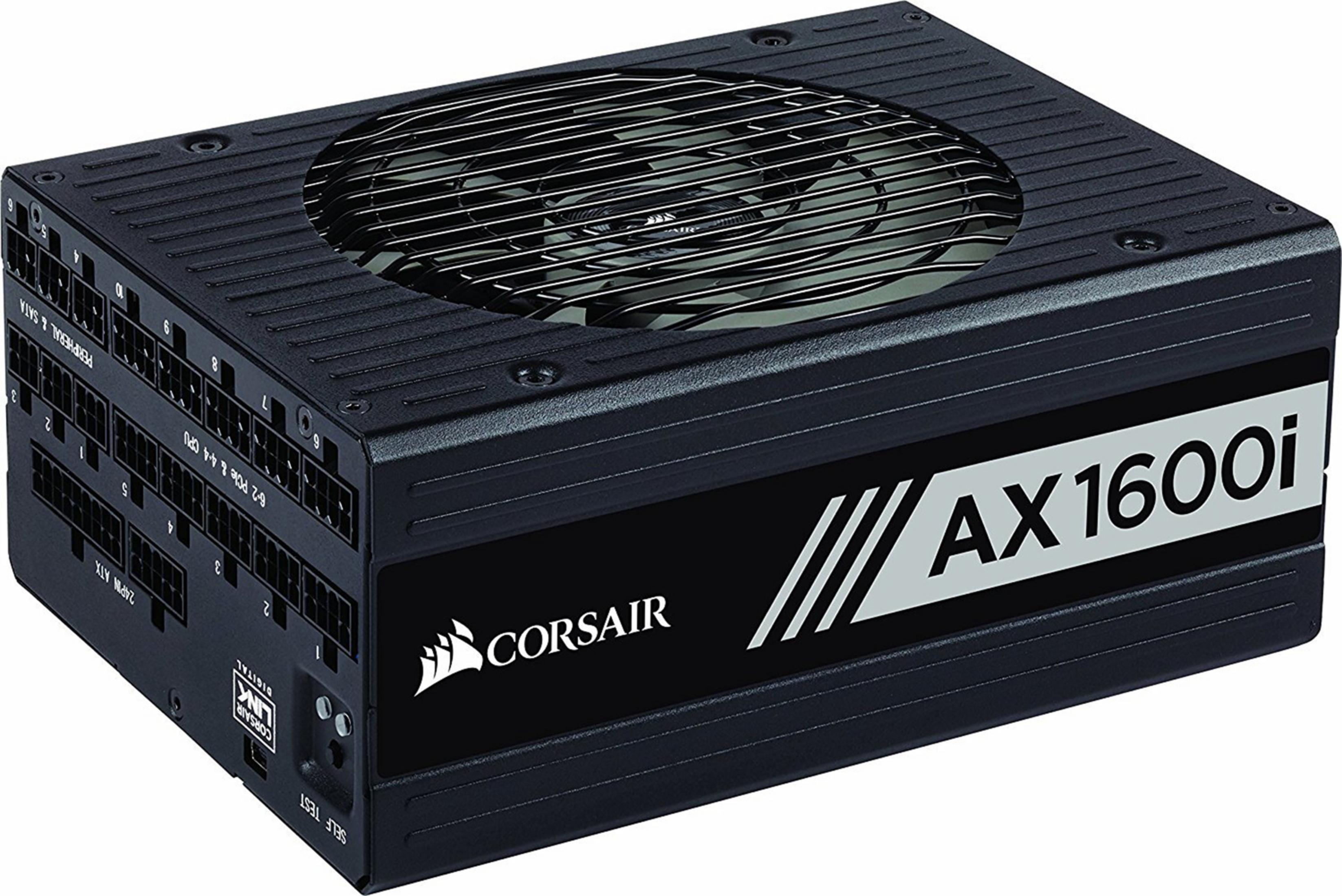 Alimentatore Corsair nero con ventola. Il dispositivo è su sfondo bianco.
