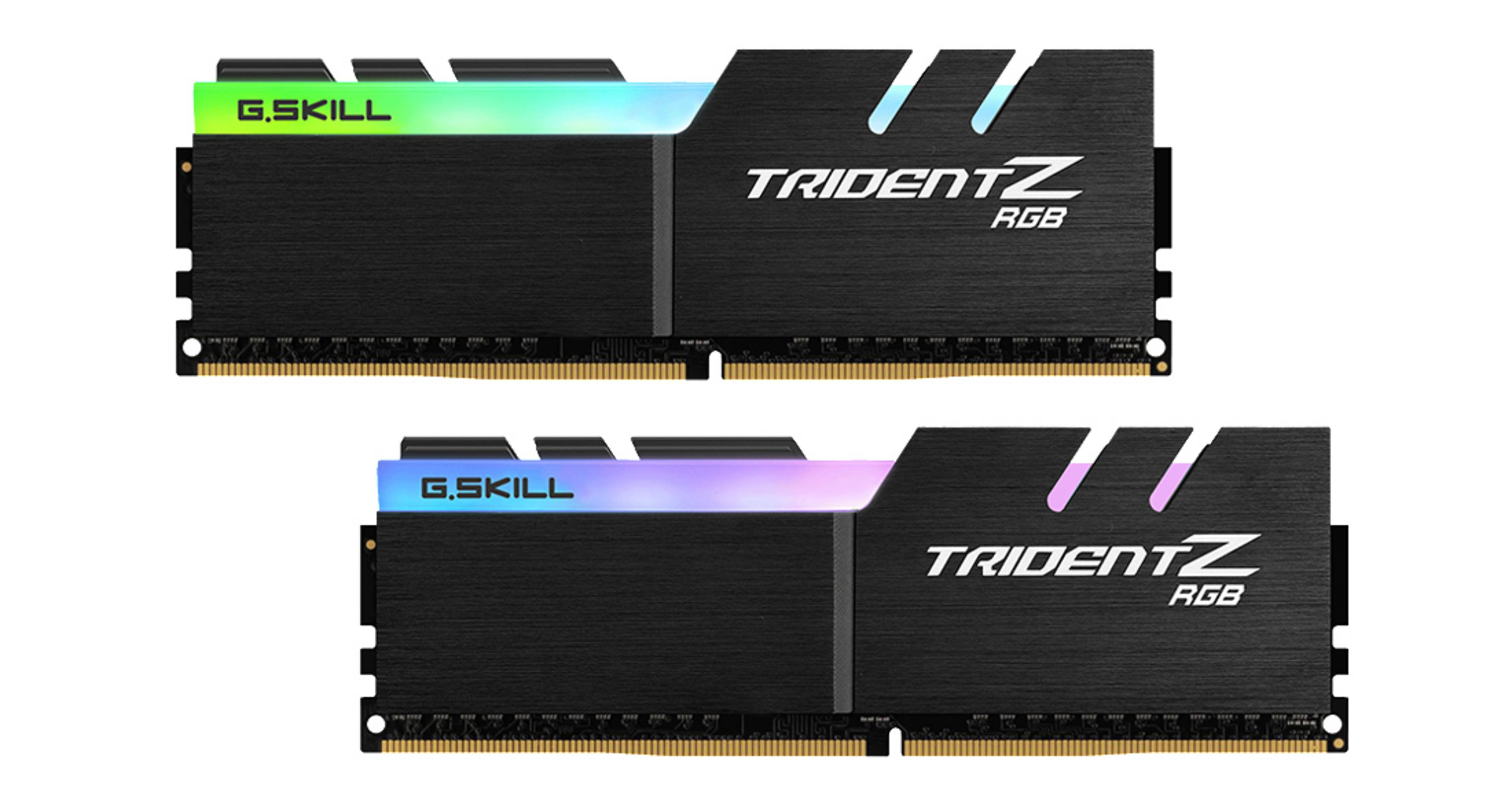 Dwa czarne moduły RAM z G.Skill Trident Z RGB, różne wyświetlacze świetlne.