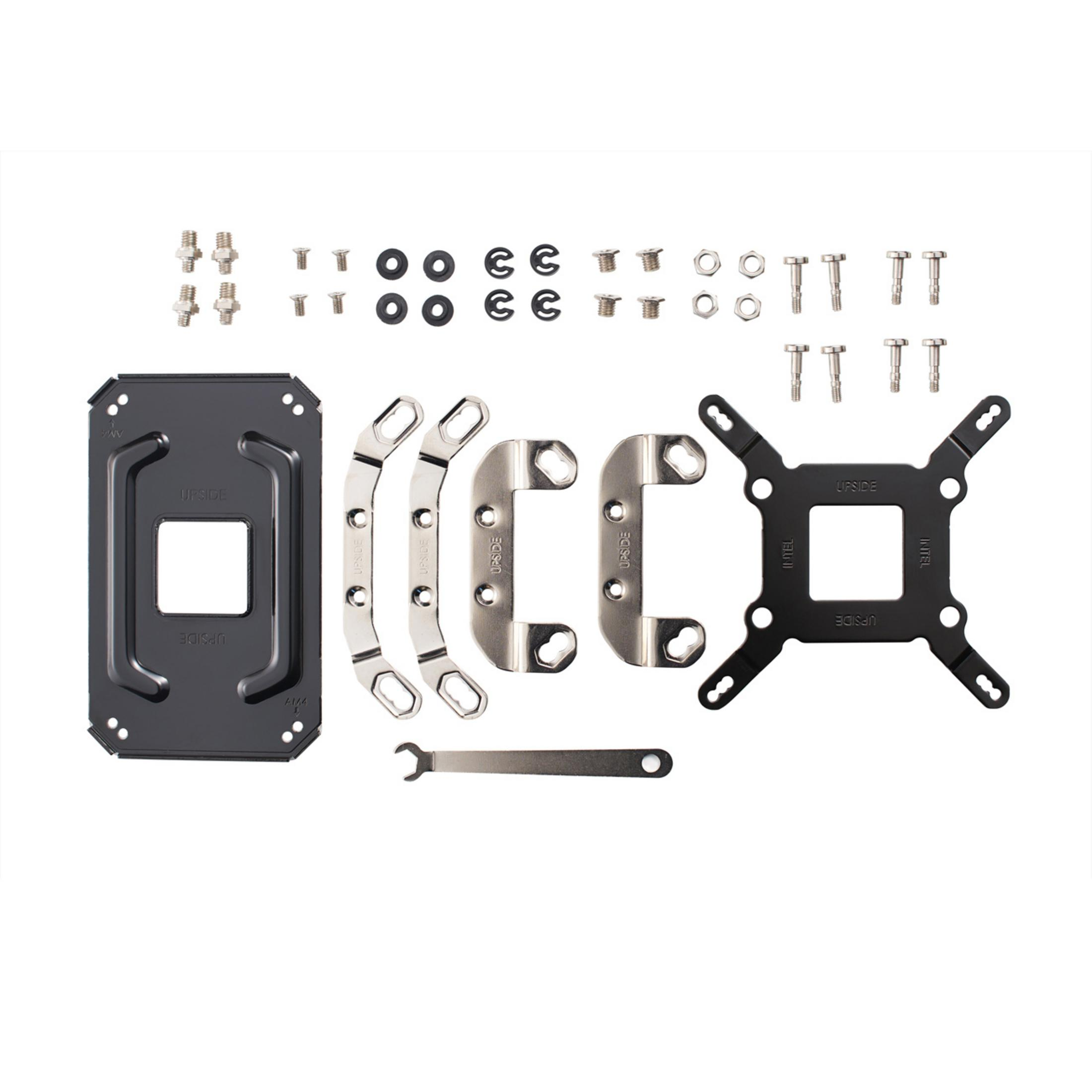 Zestaw komponentów chłodzenia komputera, w tym wsporniki, śruby i klucz, na białej powierzchni.