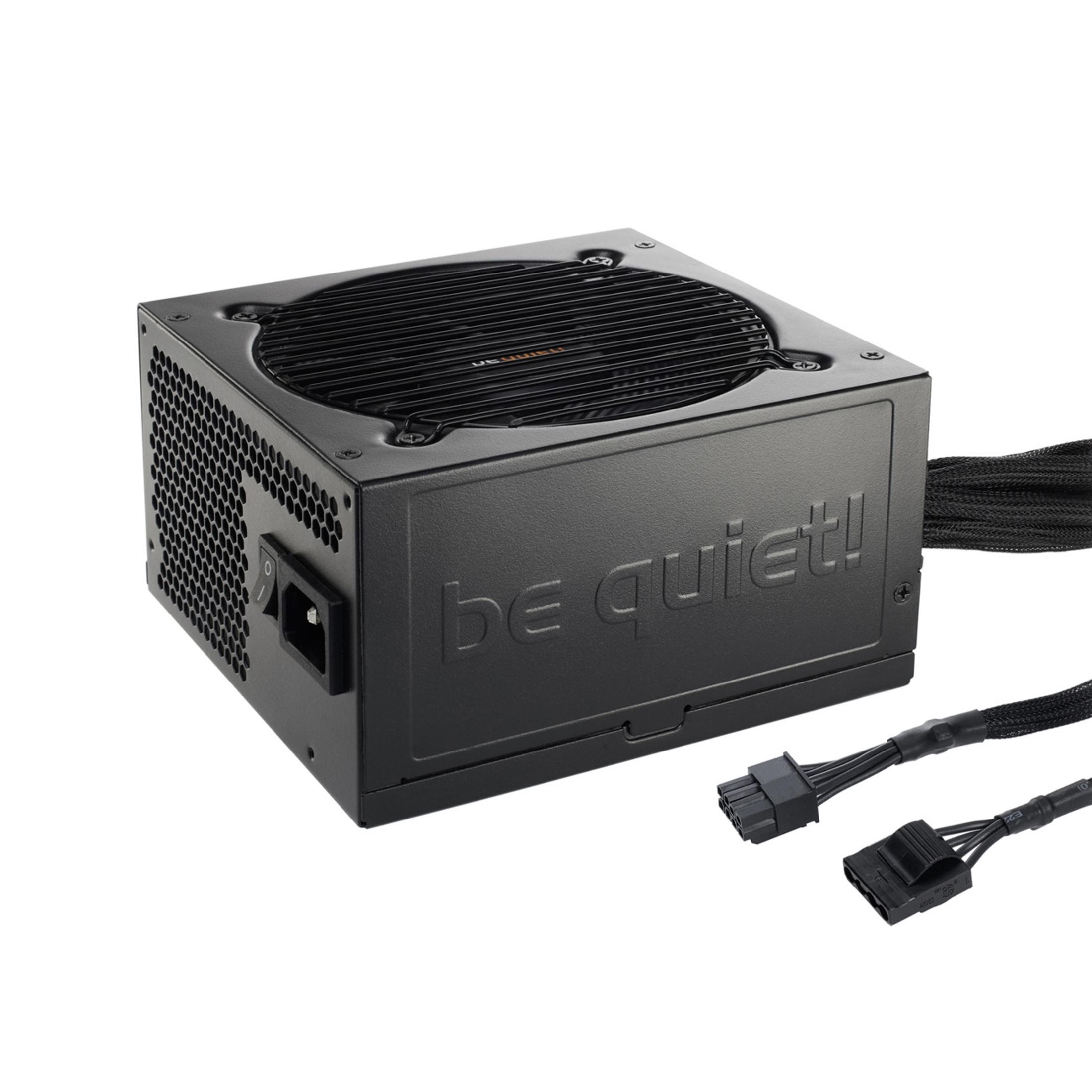 Czarny zasilacz z logo be quiet!. Posiada przełącznik zasilania i wiele złączy kablowych.