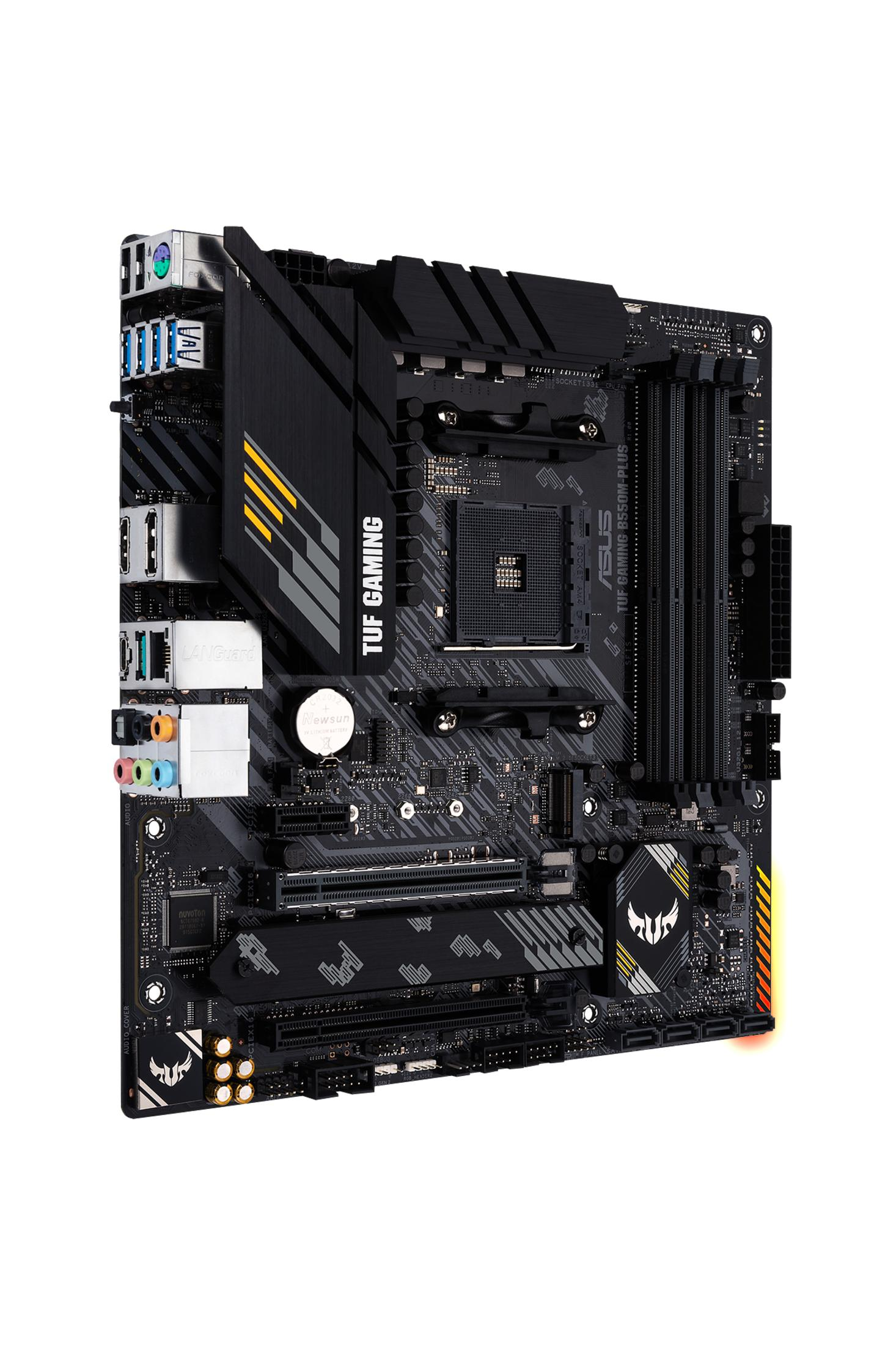 Schwarzes und gelbes ASUS TUF GAMING-Motherboard. Zeigt CPU-Steckplatz, Anschlüsse und Kühlkörper.