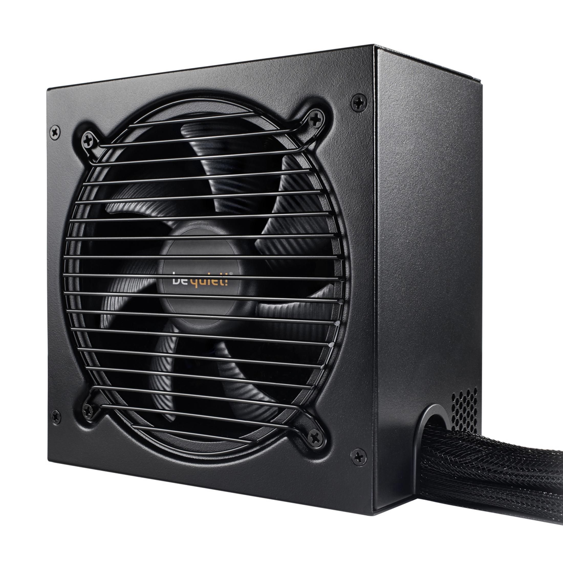 Alimentatore PC nero con ventola e griglia. Logo be quiet! visibile. Fili escono dal lato.