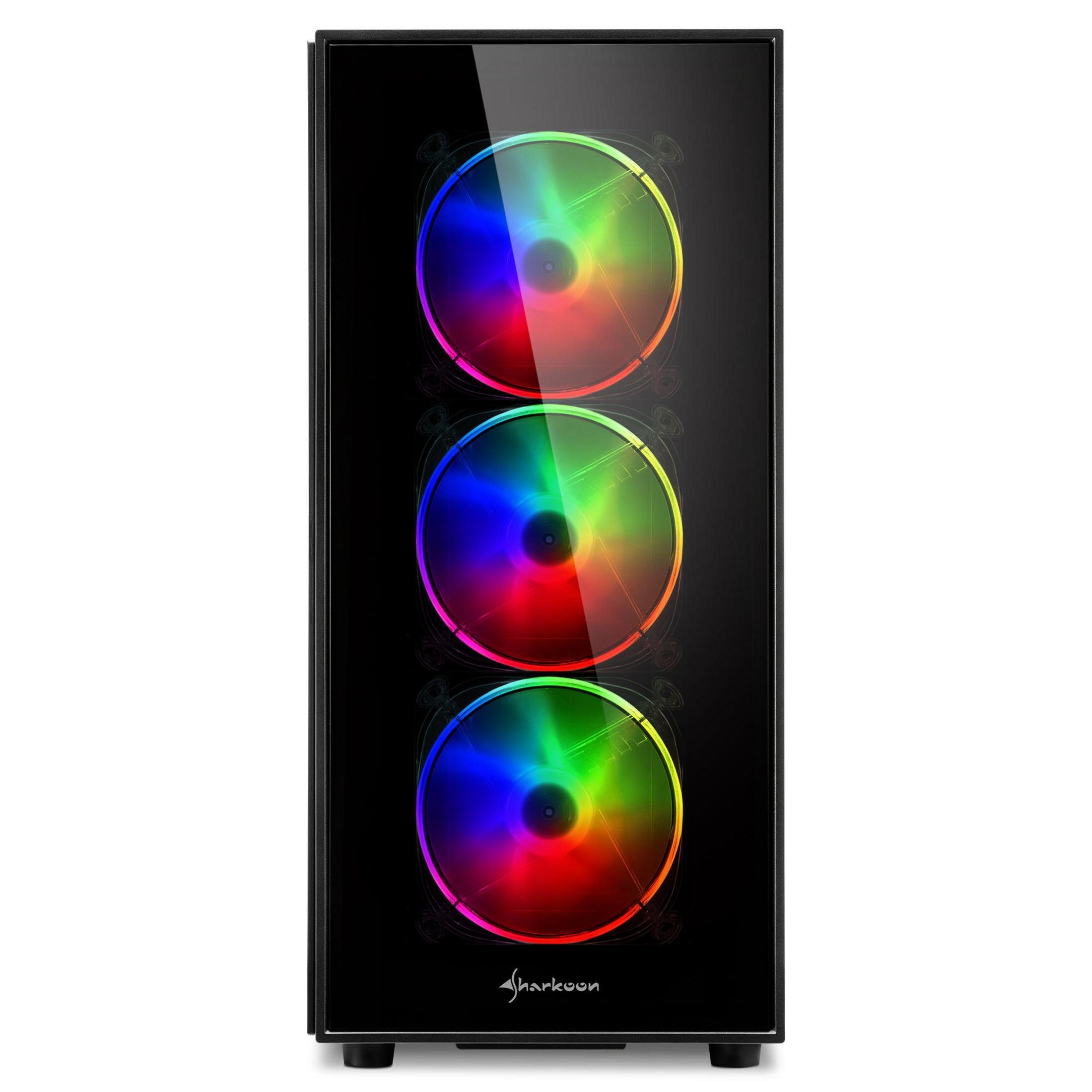 Schwarzes PC-Gehäuse mit drei RGB-Lüftern. Sharkoon-Logo unten.