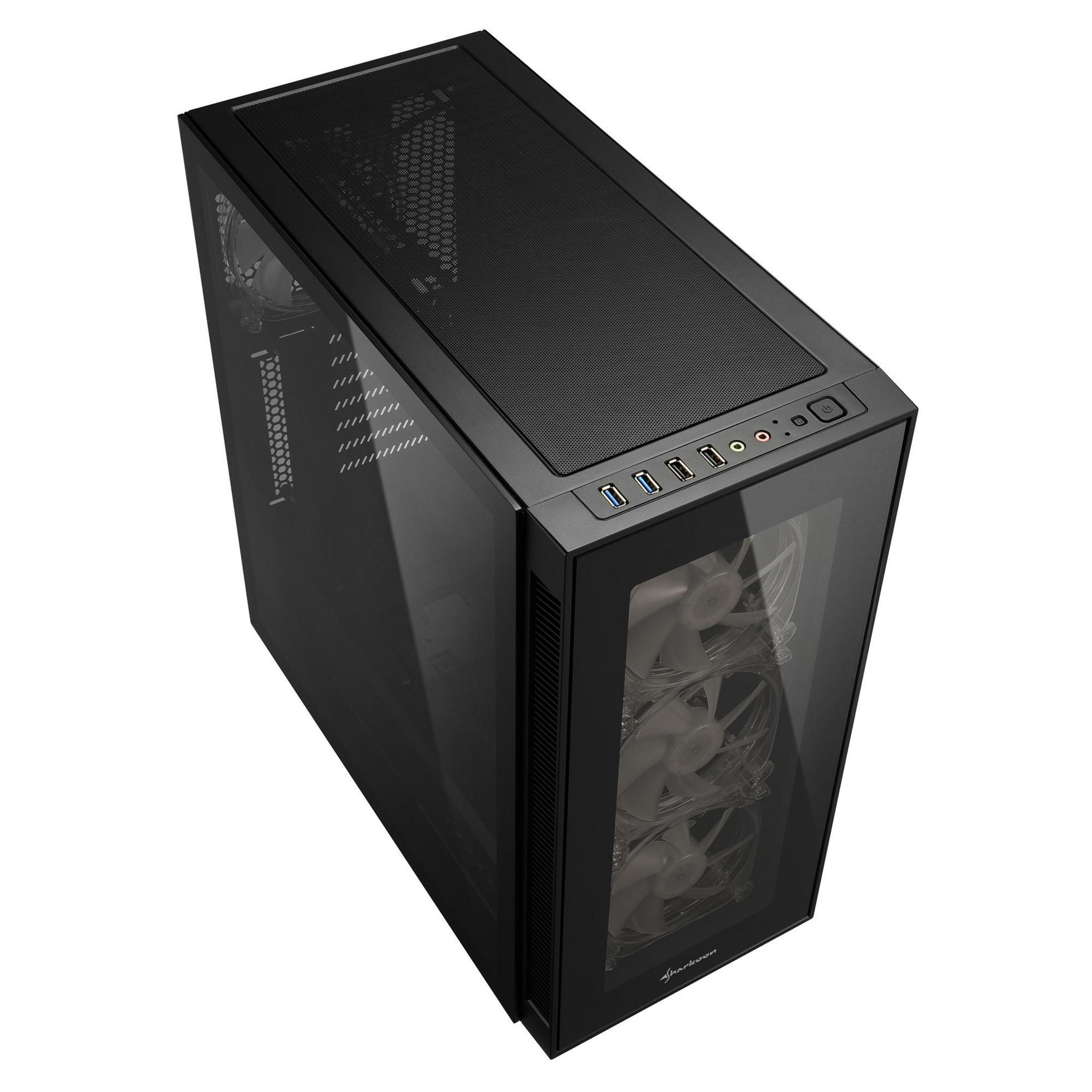 Schwarzes Computergehäuse. Glas-Seitenwand. Lüfter innen. Draufsicht.