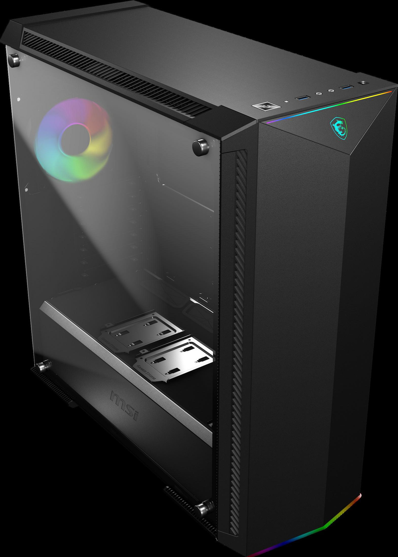 Czarna obudowa komputera ze szklanym panelem bocznym, pokazująca wewnętrzne komponenty i kolorowy wentylator.