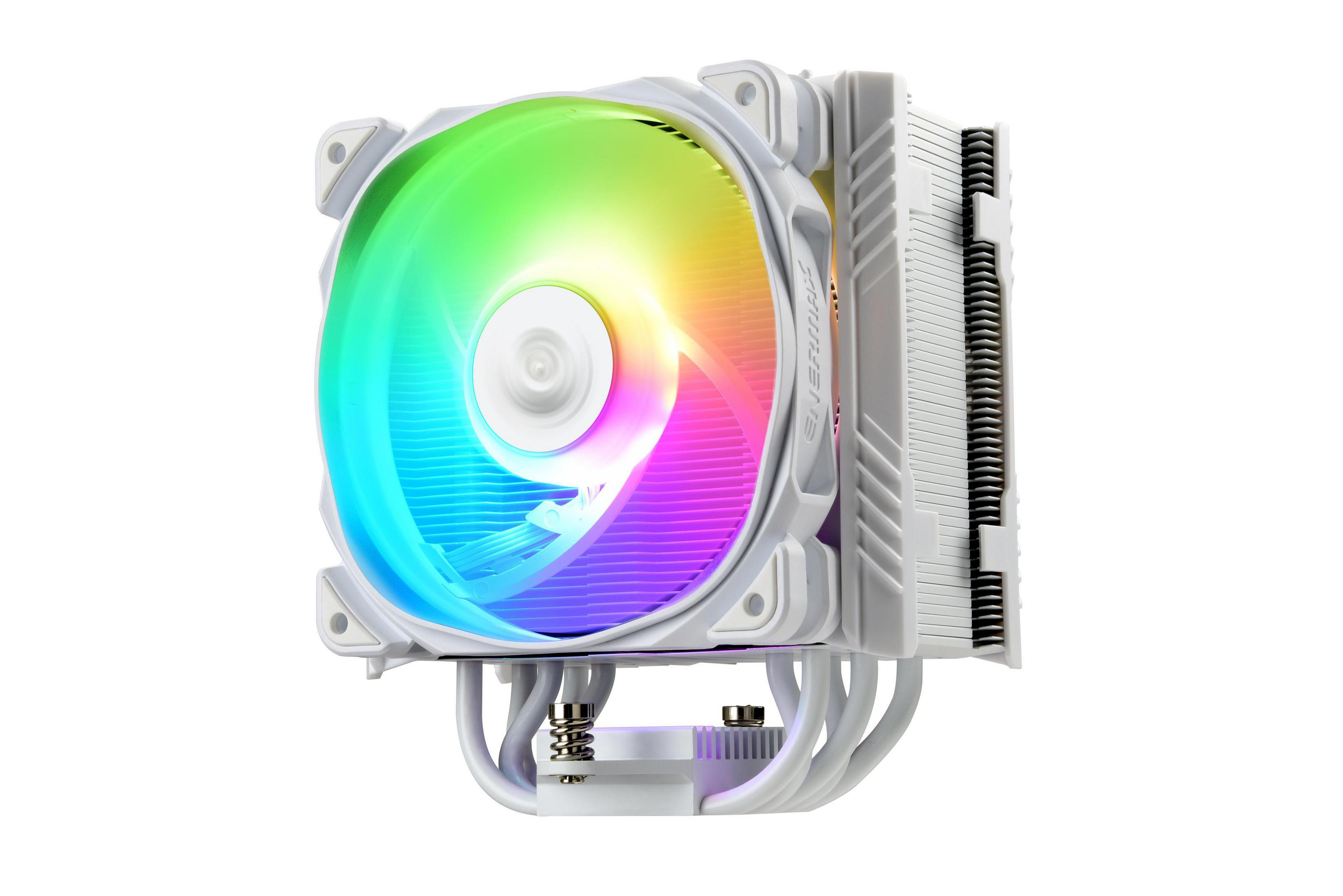 Ein weißer CPU-Kühler mit einem RGB-Lüfter, isoliert auf weißem Hintergrund.