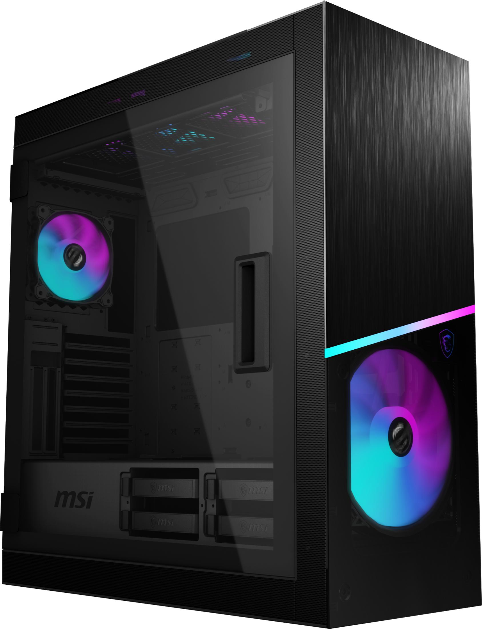 Un case per computer nero con ventole RGB e un pannello laterale in vetro.