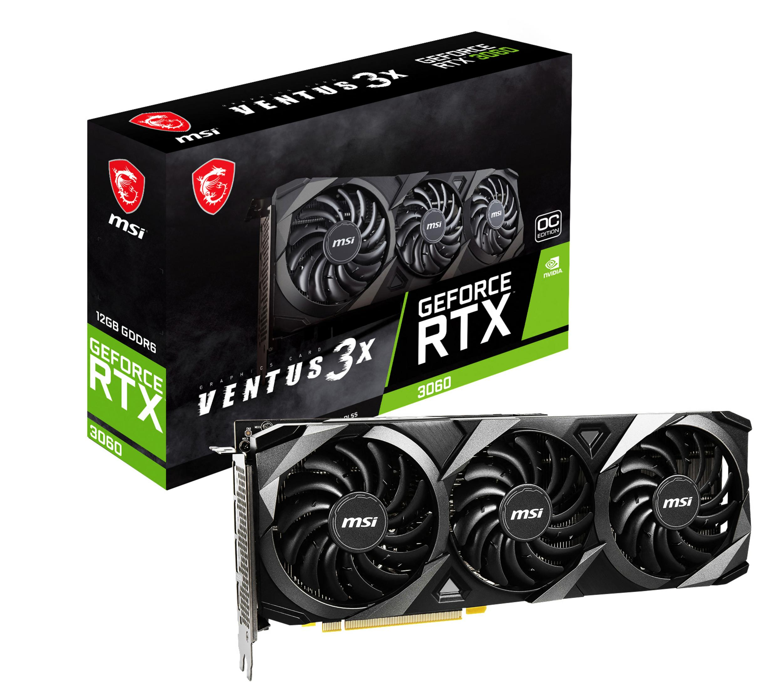 Scheda grafica MSI GeForce RTX 3060 con una scatola. La scatola è verde e nera.