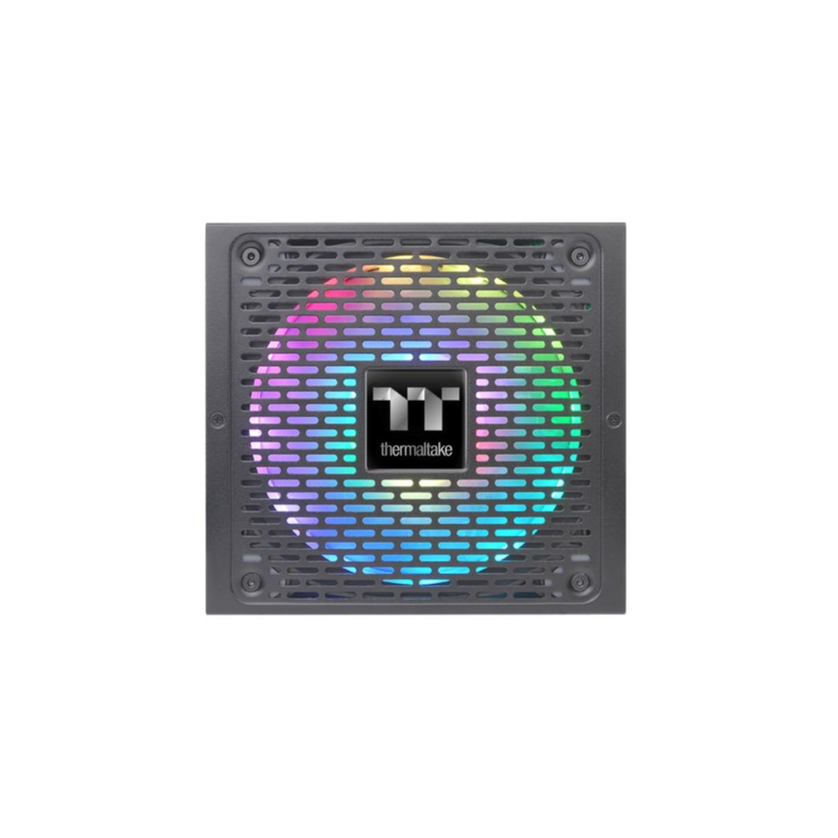 Un alimentatore Thermaltake con ventola RGB, che mostra un motivo colorato.