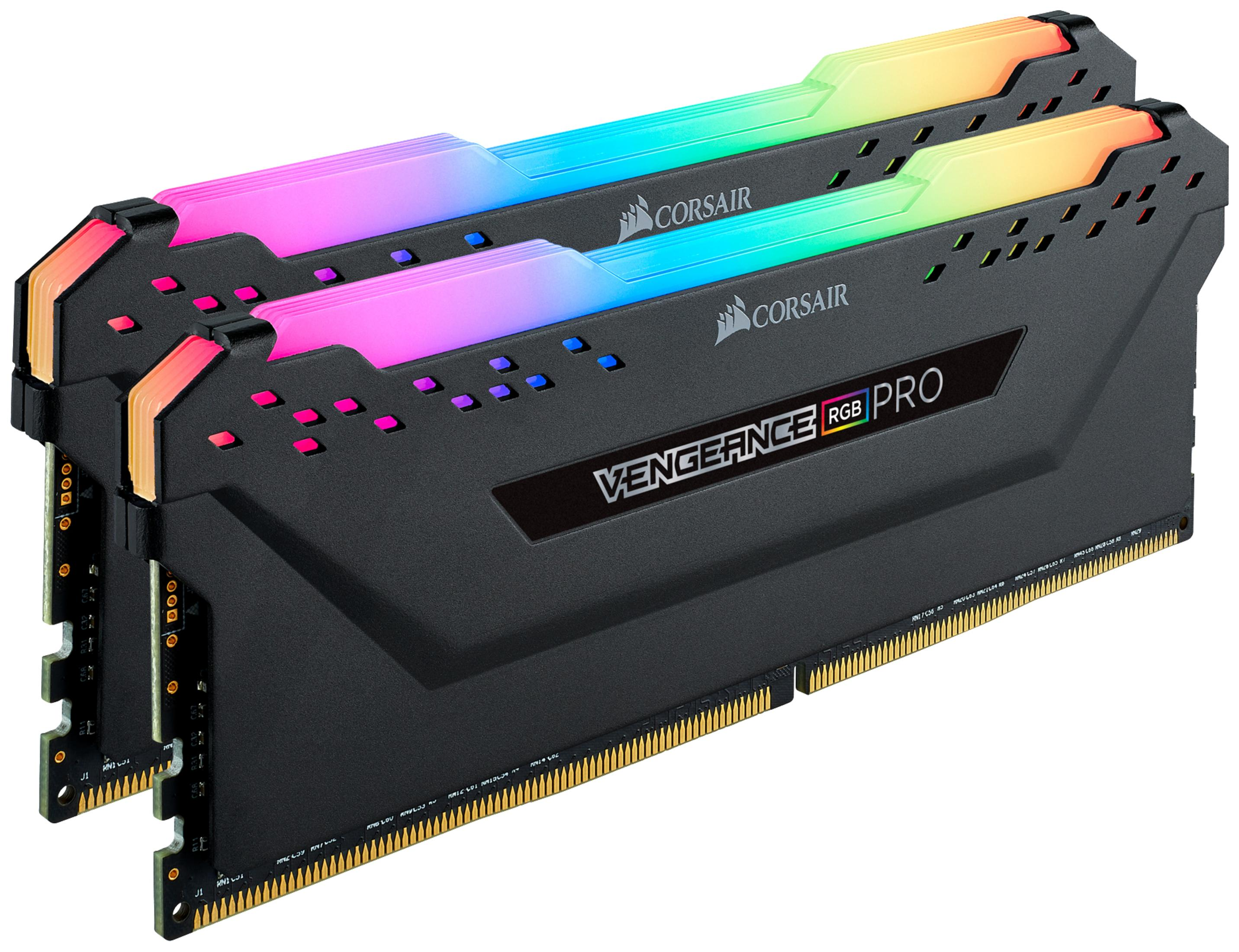 Zwei Computer-RAM-Riegel mit RGB-Beleuchtung. Schwarz mit Corsair Vengeance Pro-Etikett.