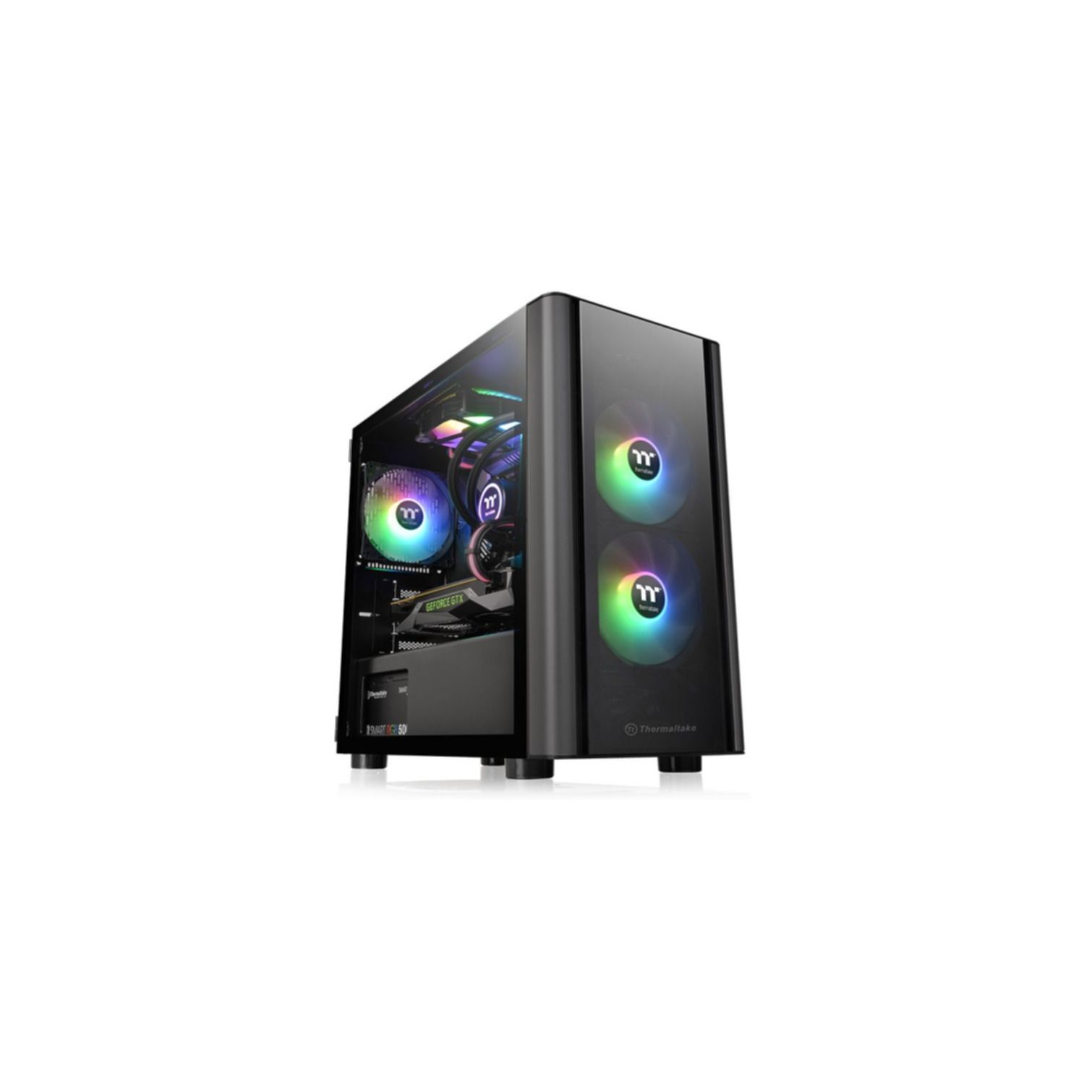 Case PC nero con ventole RGB e componenti visibili. Il case è su sfondo bianco.