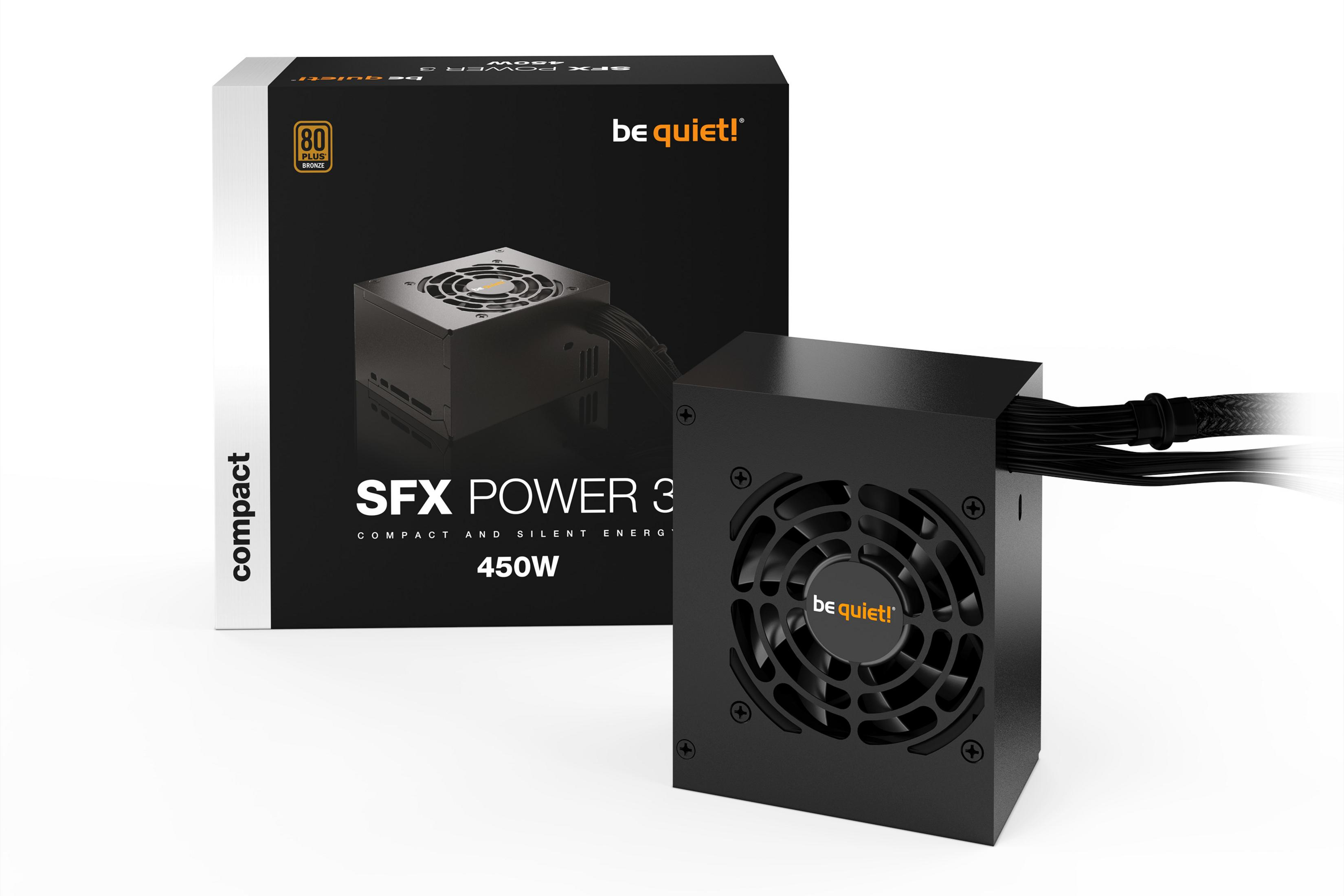 Czarny be quiet! SFX Power 3, zasilacz 450W z pudełkiem po lewej stronie. Białe tło.