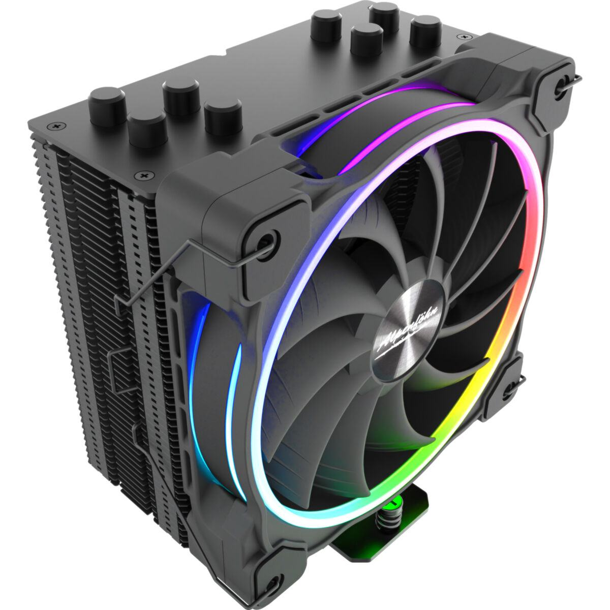Ein schwarzer Computerkühler mit einem Lüfter, der mit bunten Lichtern beleuchtet wird. Der Kühler hat metallische Lamellen.