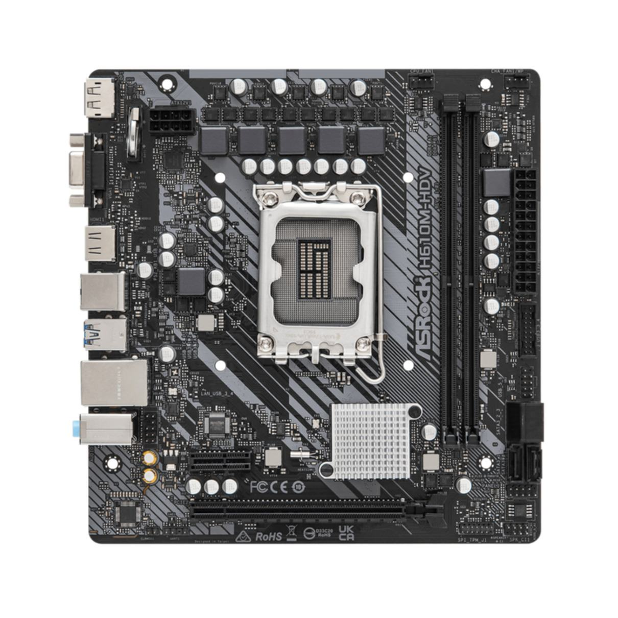 Schwarzes und graues Motherboard mit CPU-Sockel.