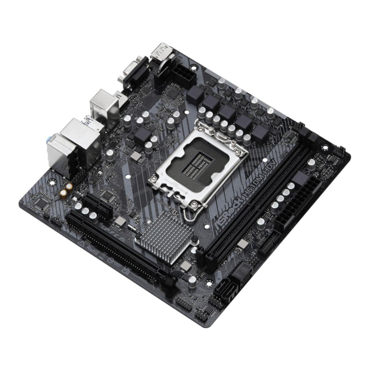 Hauptplatine mit Komponenten. Es hat einen CPU-Sockel, RAM-Steckplätze und verschiedene Anschlüsse.