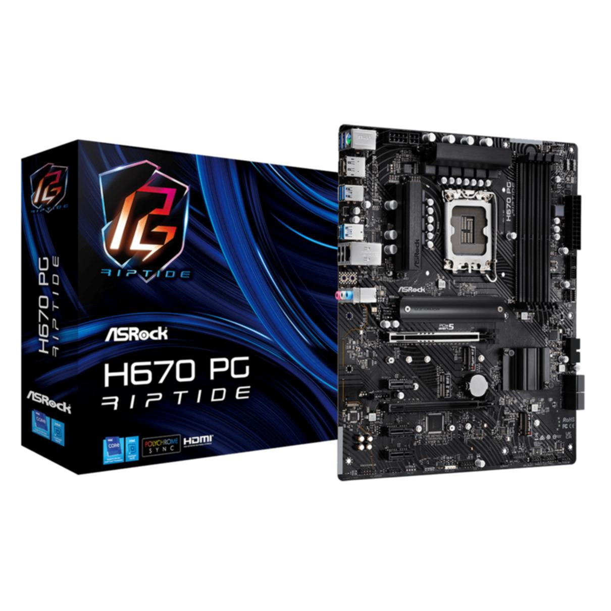 Una scheda madre ASRock H670 PG Riptide e la sua scatola. La scatola è nera e blu.