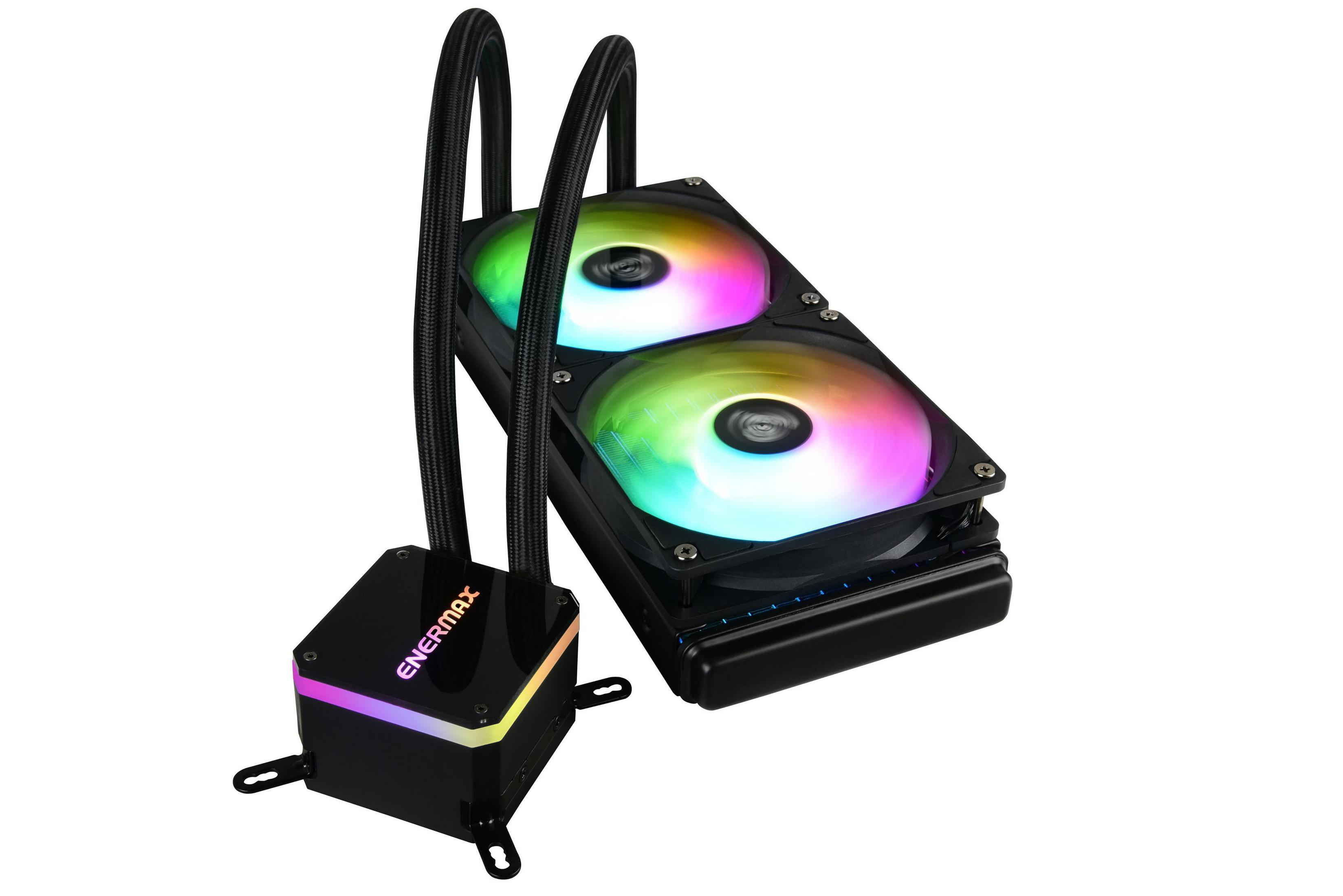 İki fanlı ve gökkuşağı LED ışıklı CPU sıvı soğutucu.