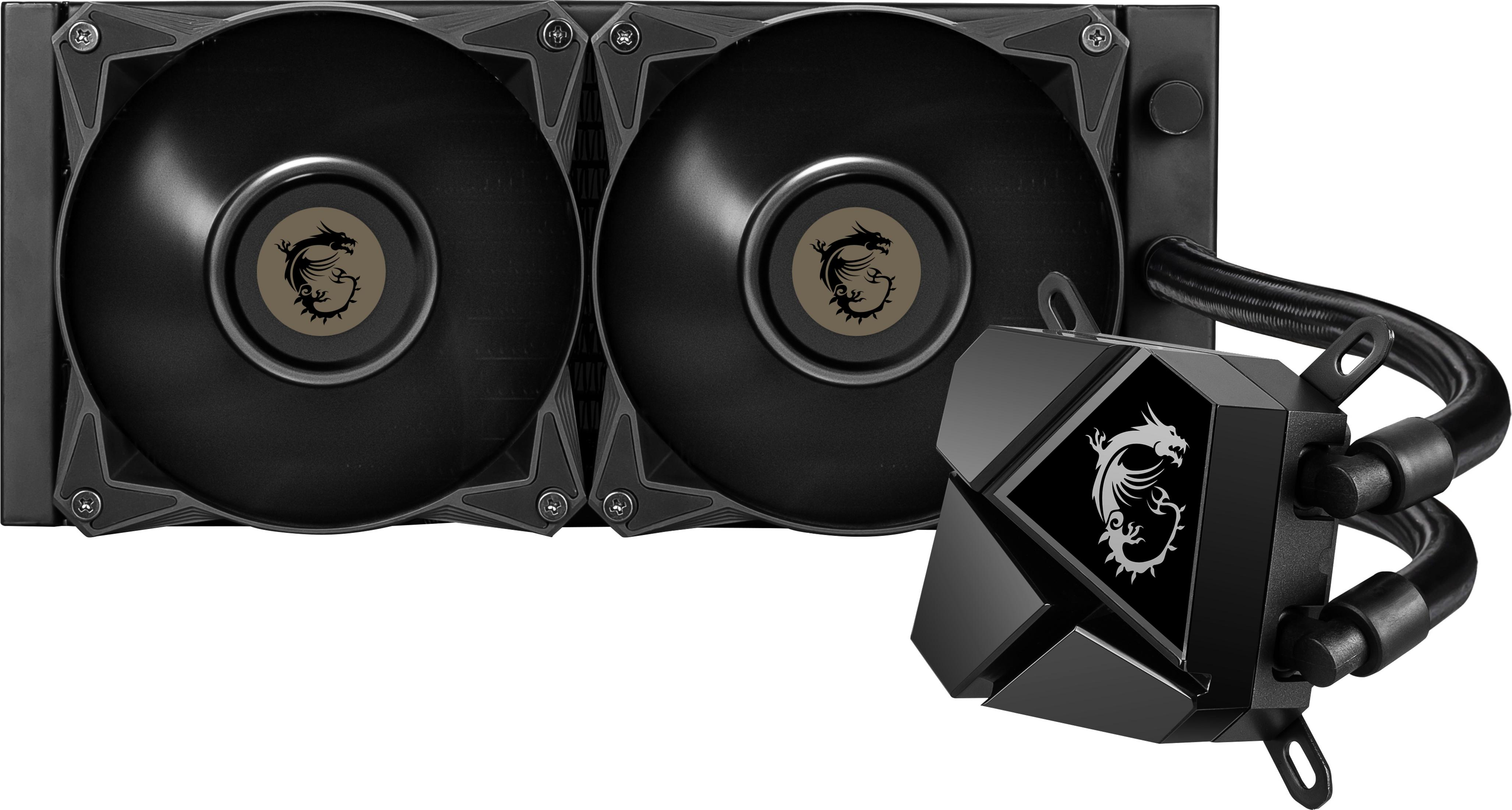 Dissipatore a liquido MSI nero con due ventole e water block, logo drago.