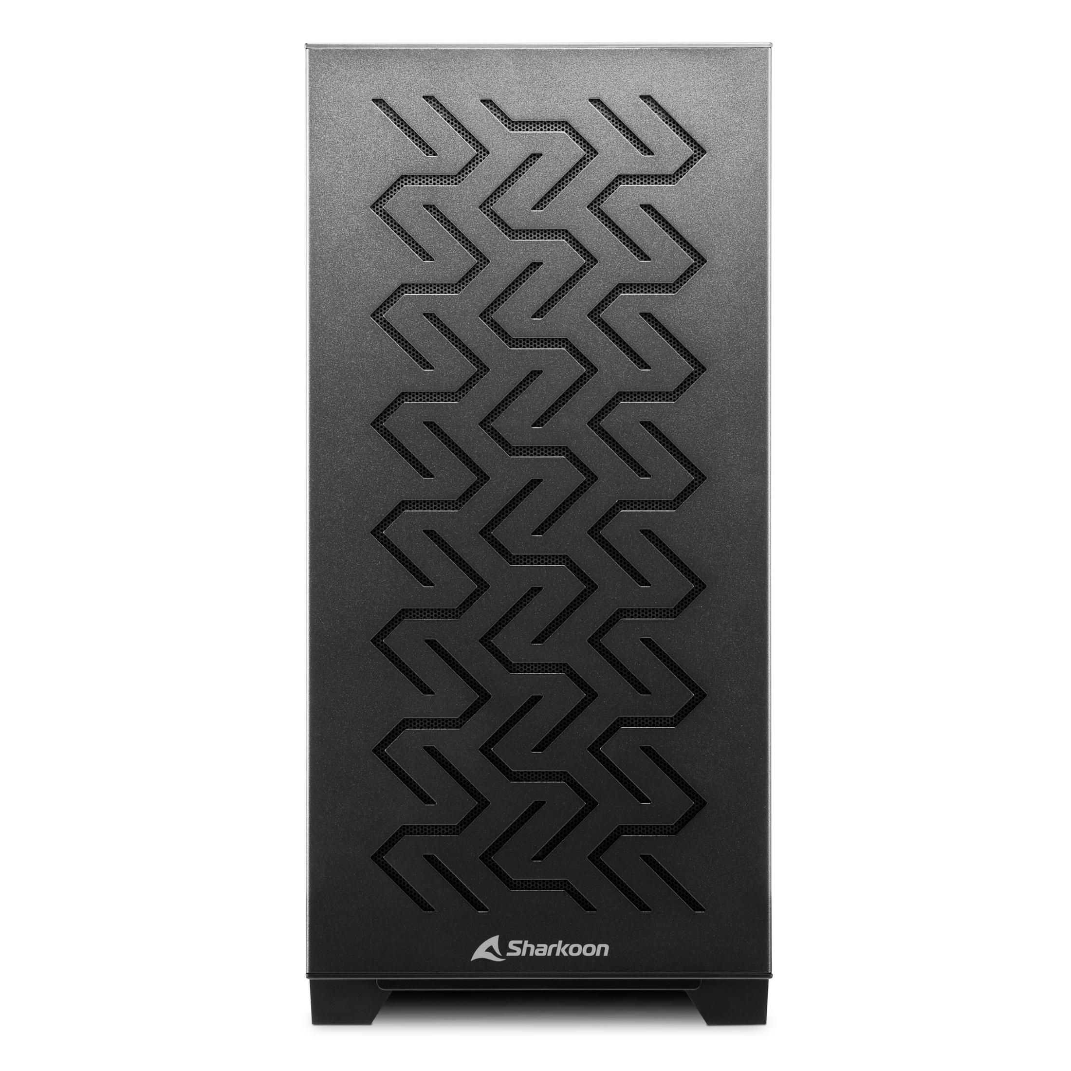 Ein schwarzes Computergehäuse mit Mesh-Frontplatte mit sich wiederholendem Pfeildesign, auf weißem Hintergrund.