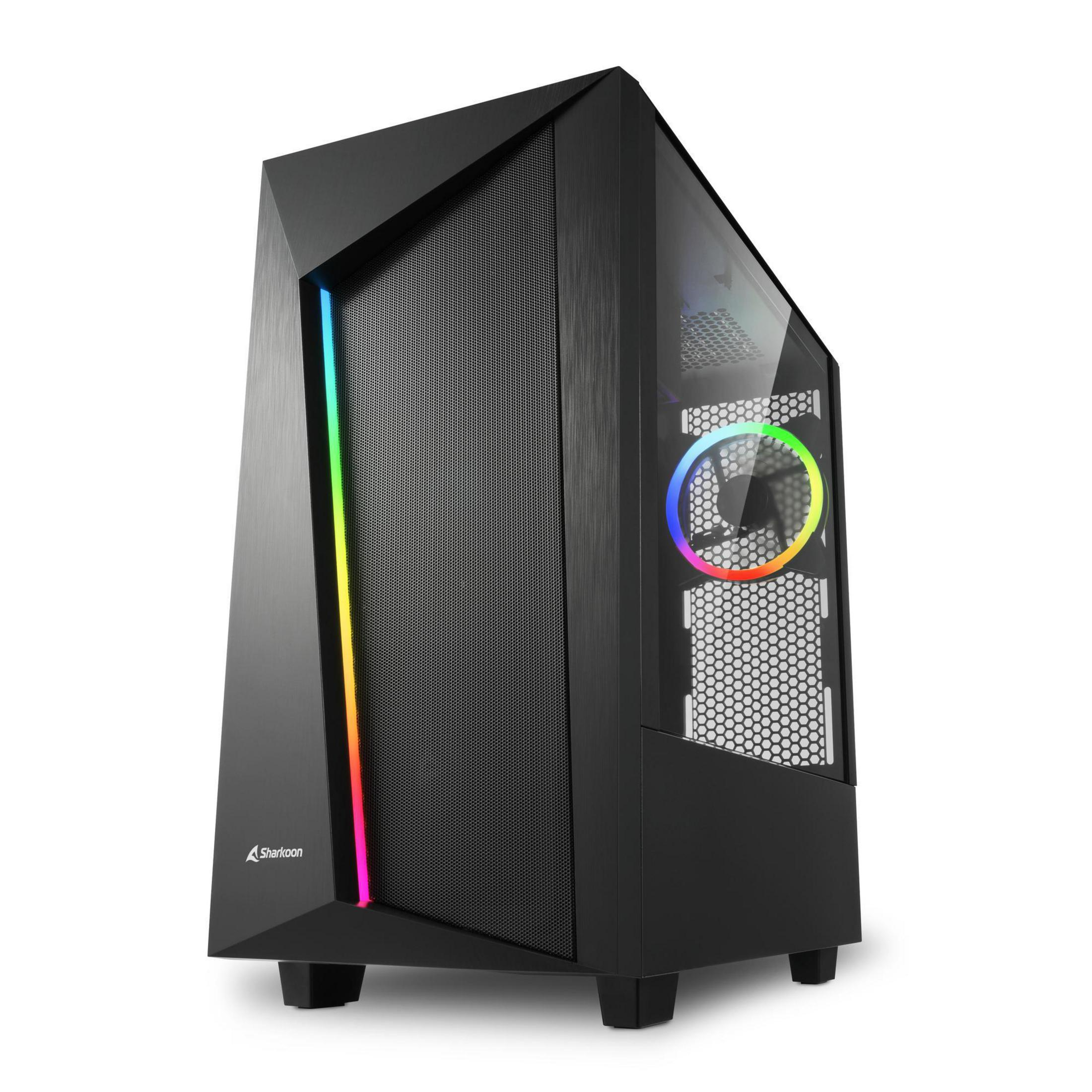 Case per computer nero con pannello laterale in vetro e striscia luminosa RGB frontale.