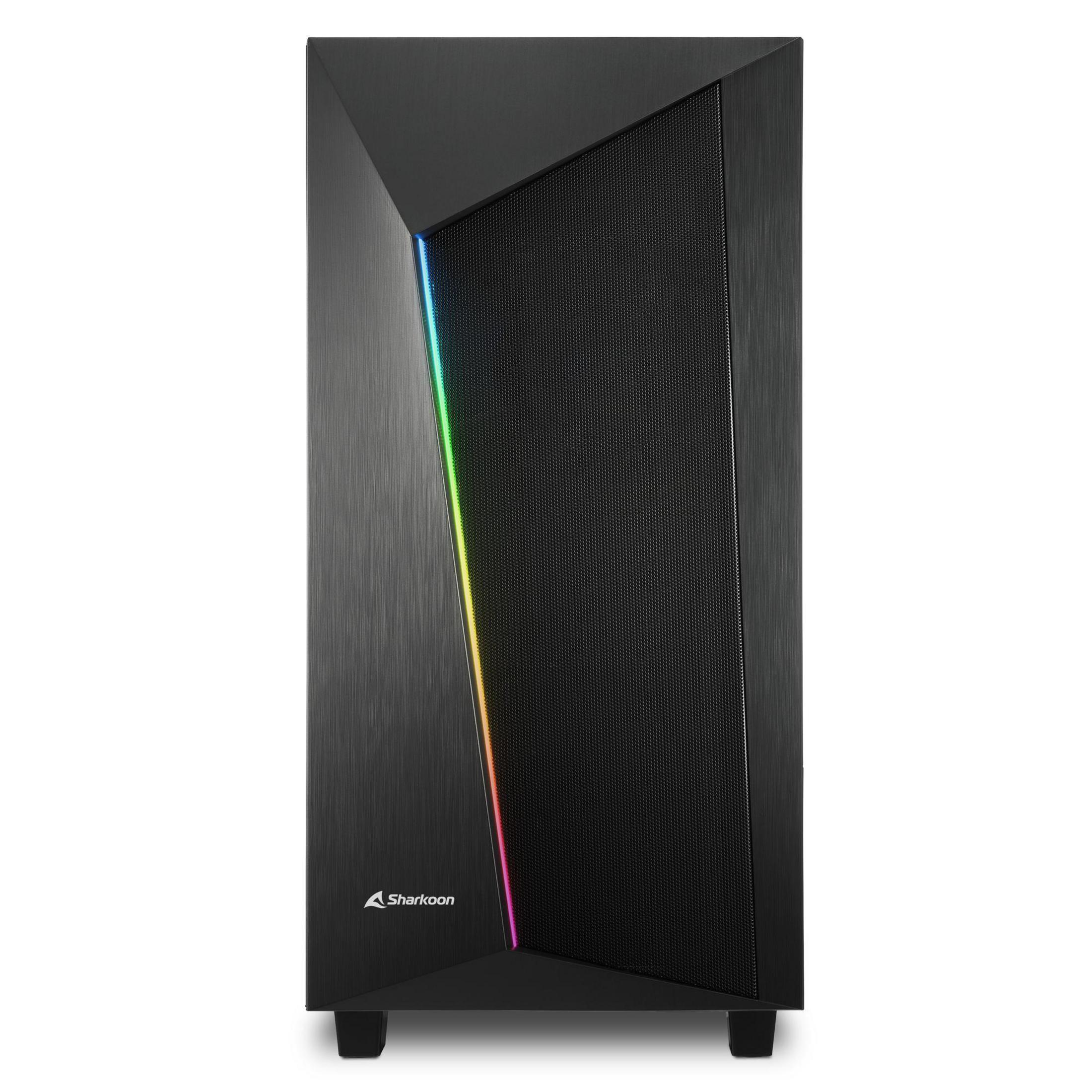 Case nero per computer con frontale a rete e luce verticale.