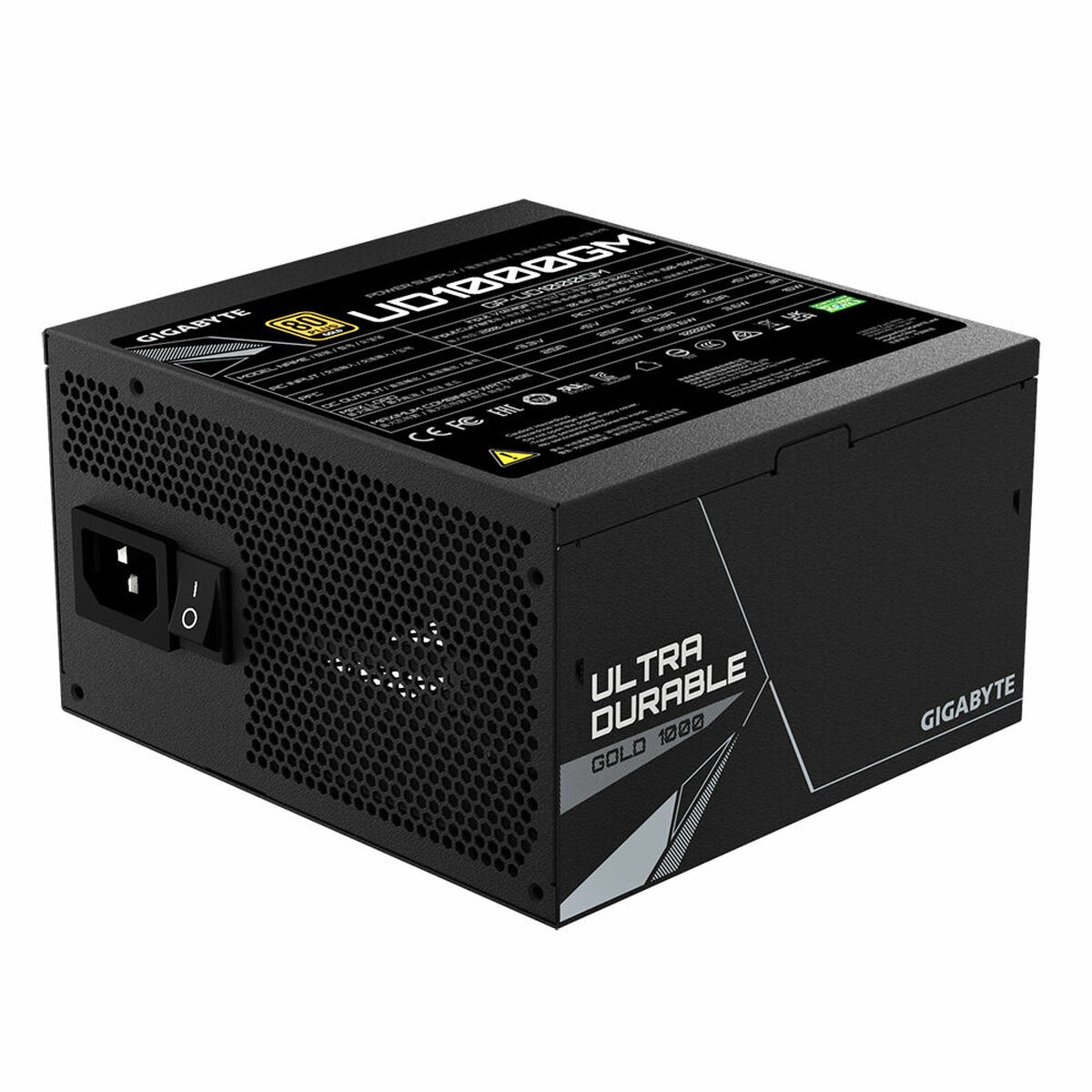 Alimentatore per computer nero con etichette e interruttore. Lo sfondo è bianco.