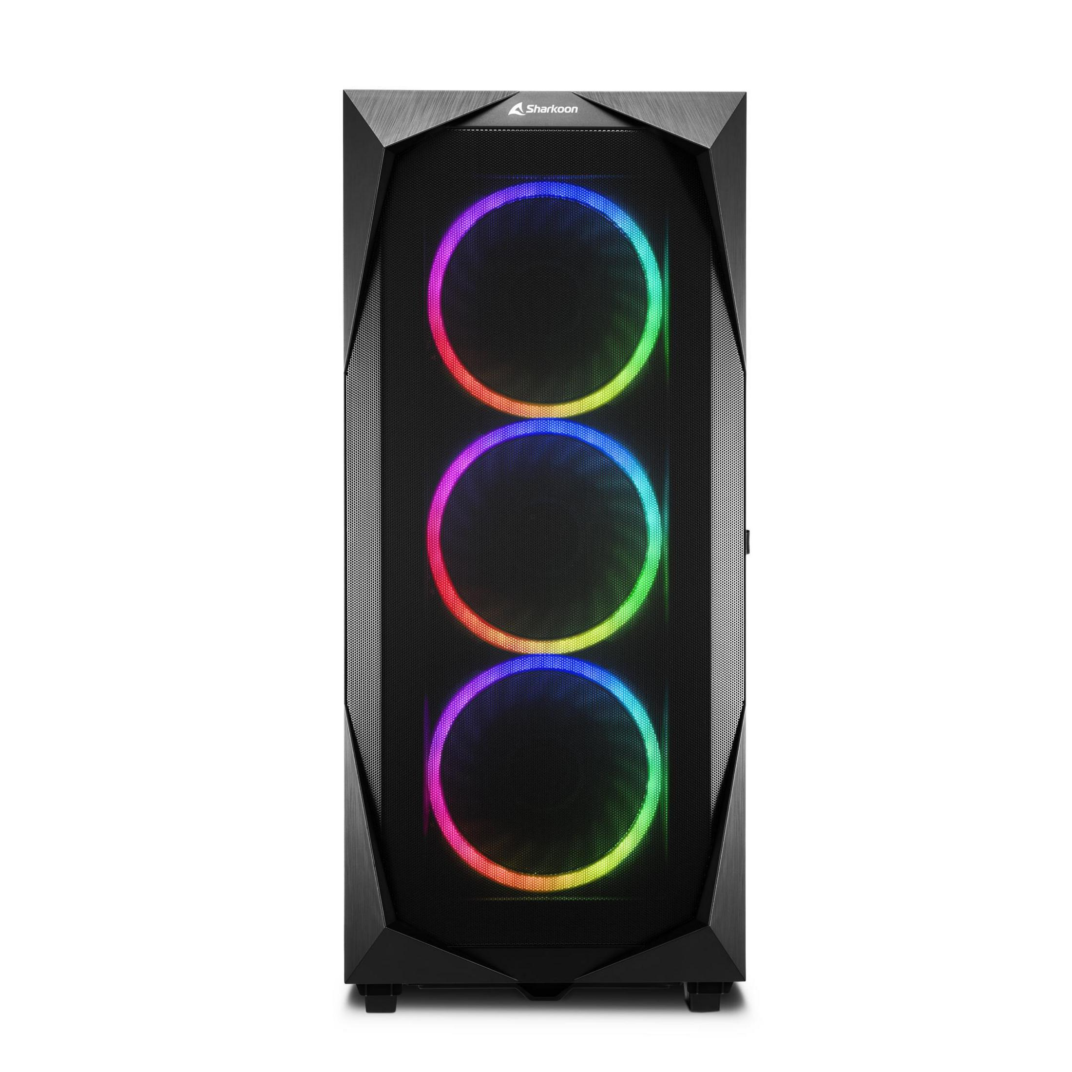 Schwarzes Computergehäuse mit drei RGB-Lüftern, die ein Regenbogenmuster anzeigen, und einer Mesh-Frontplatte.